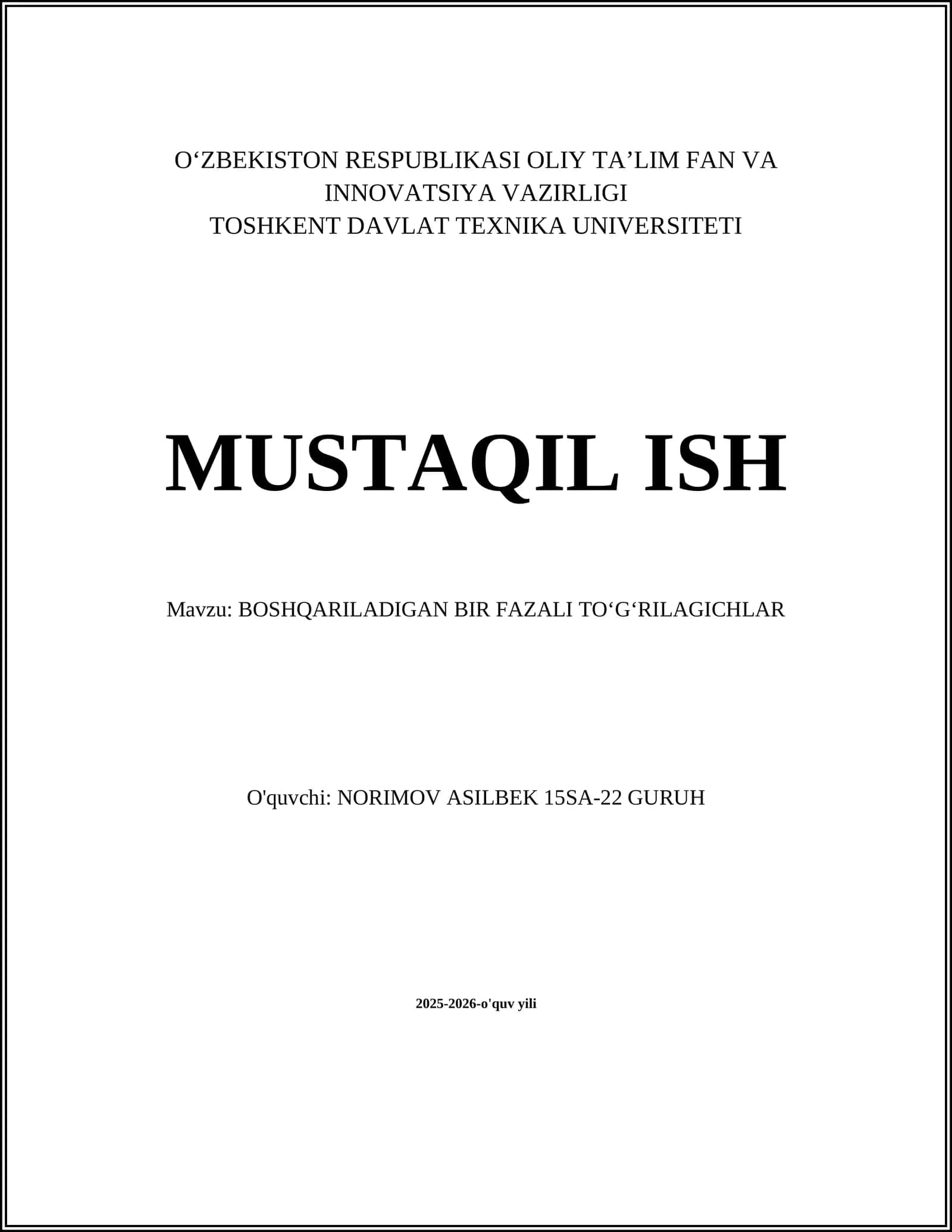 BOSHQARILADIGAN BIR FAZALI TOʻGʻRILAGICHLAR