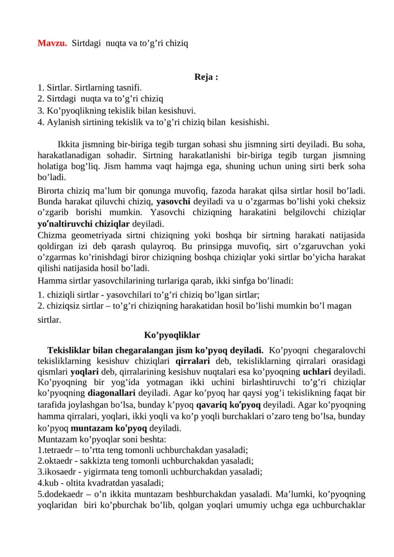 Sirtdagi nuqta va to’g’ri chiziq