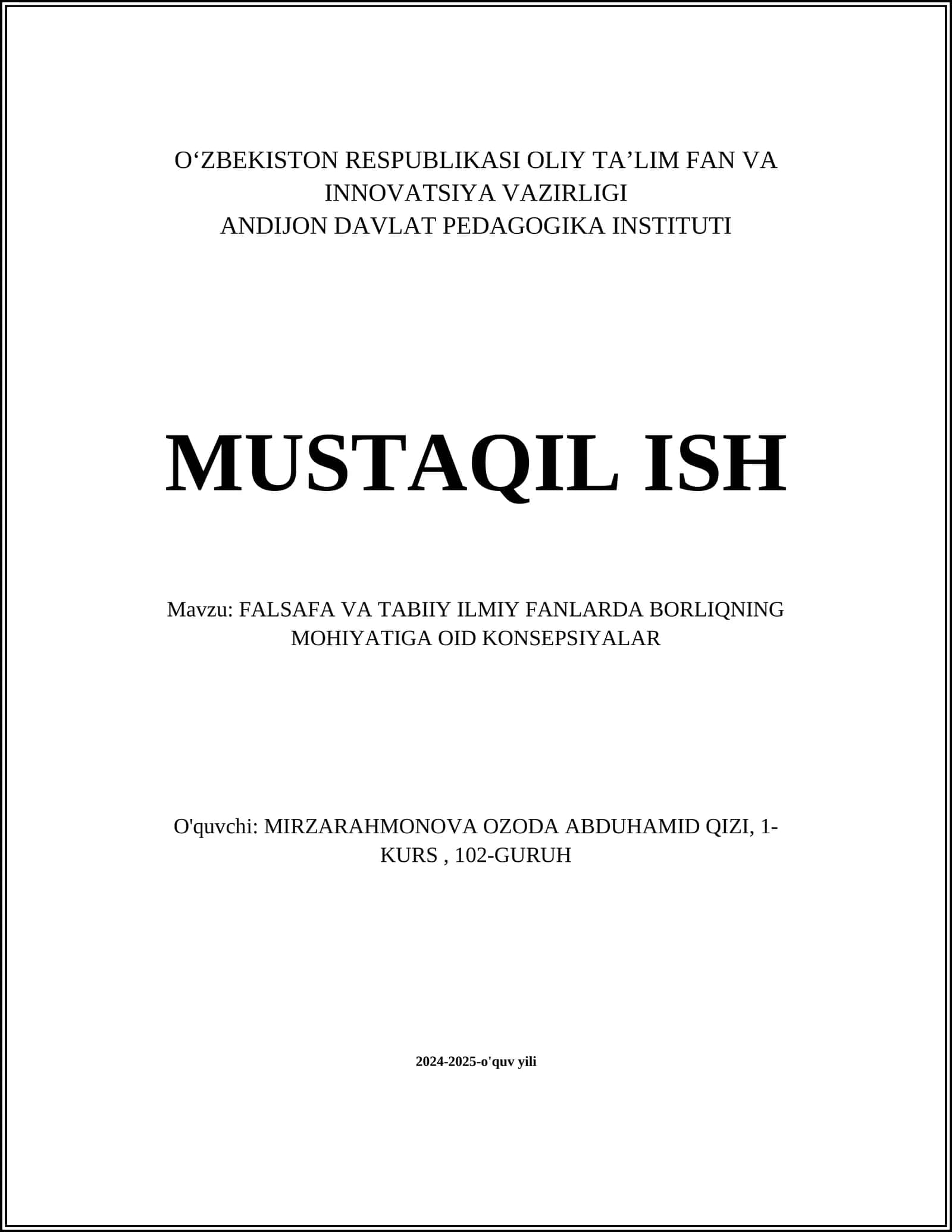 FALSAFA VA TABIIY ILMIY FANLARDA BORLIQNING MOHIYATIGA OID KONSEPSIYALAR