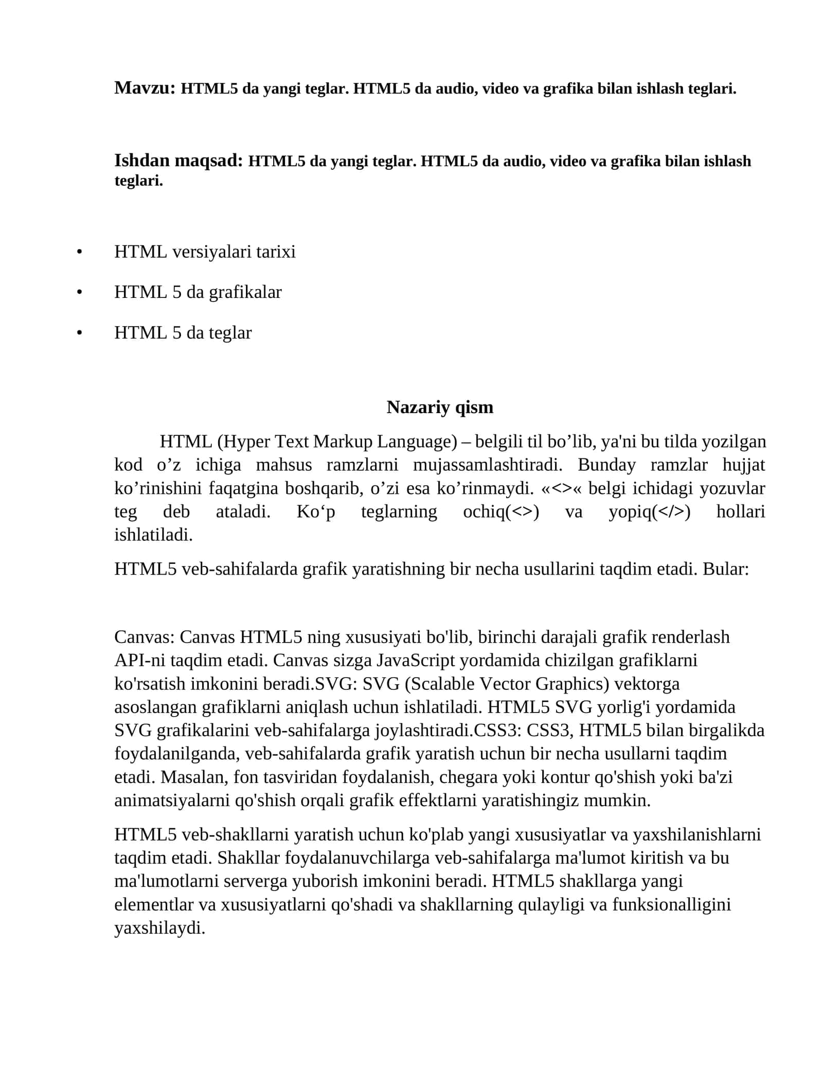 HTML5 da yangi teglar