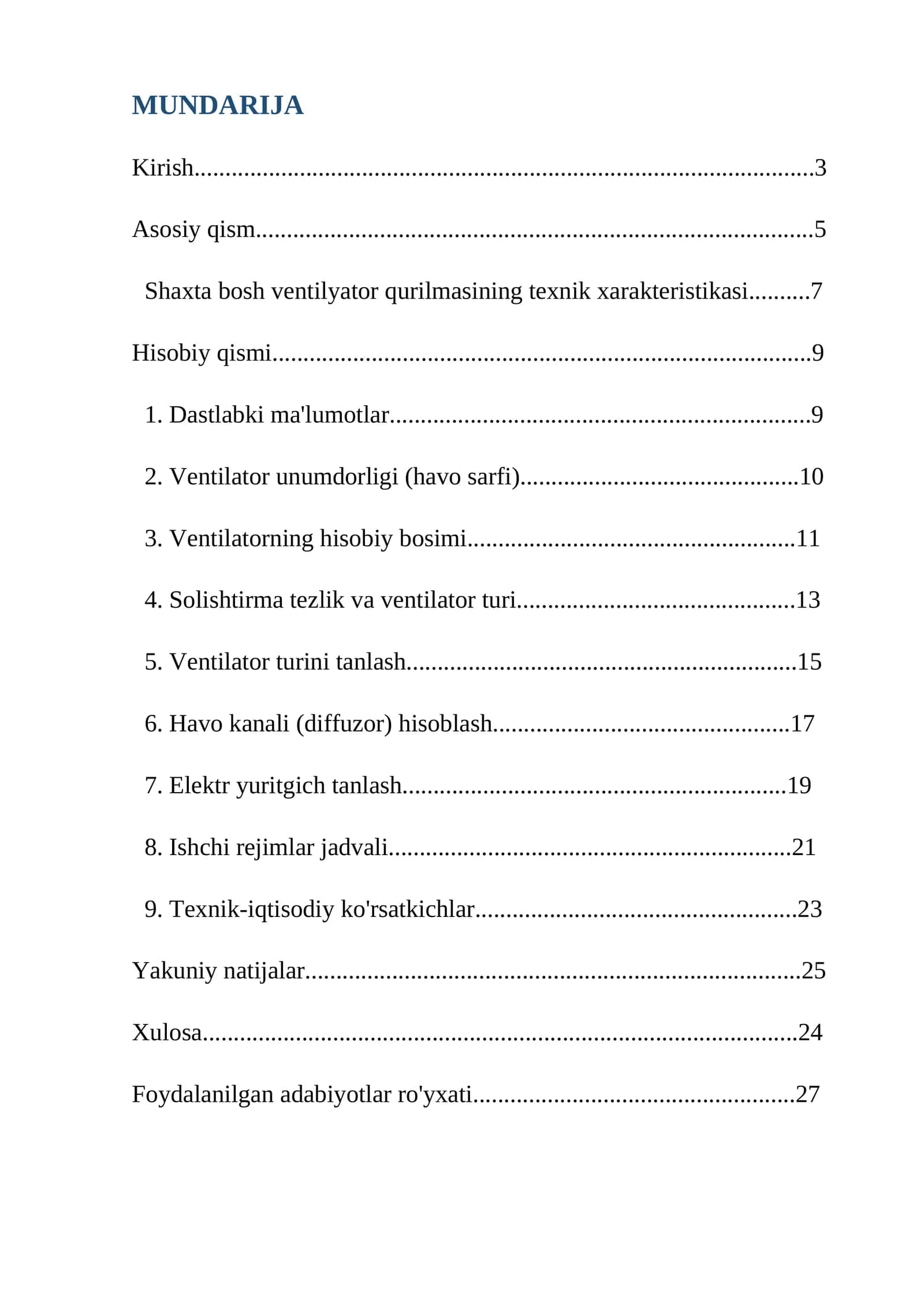 Shaxta bosh ventilyator qurilmasining texnik xarakteristikasi