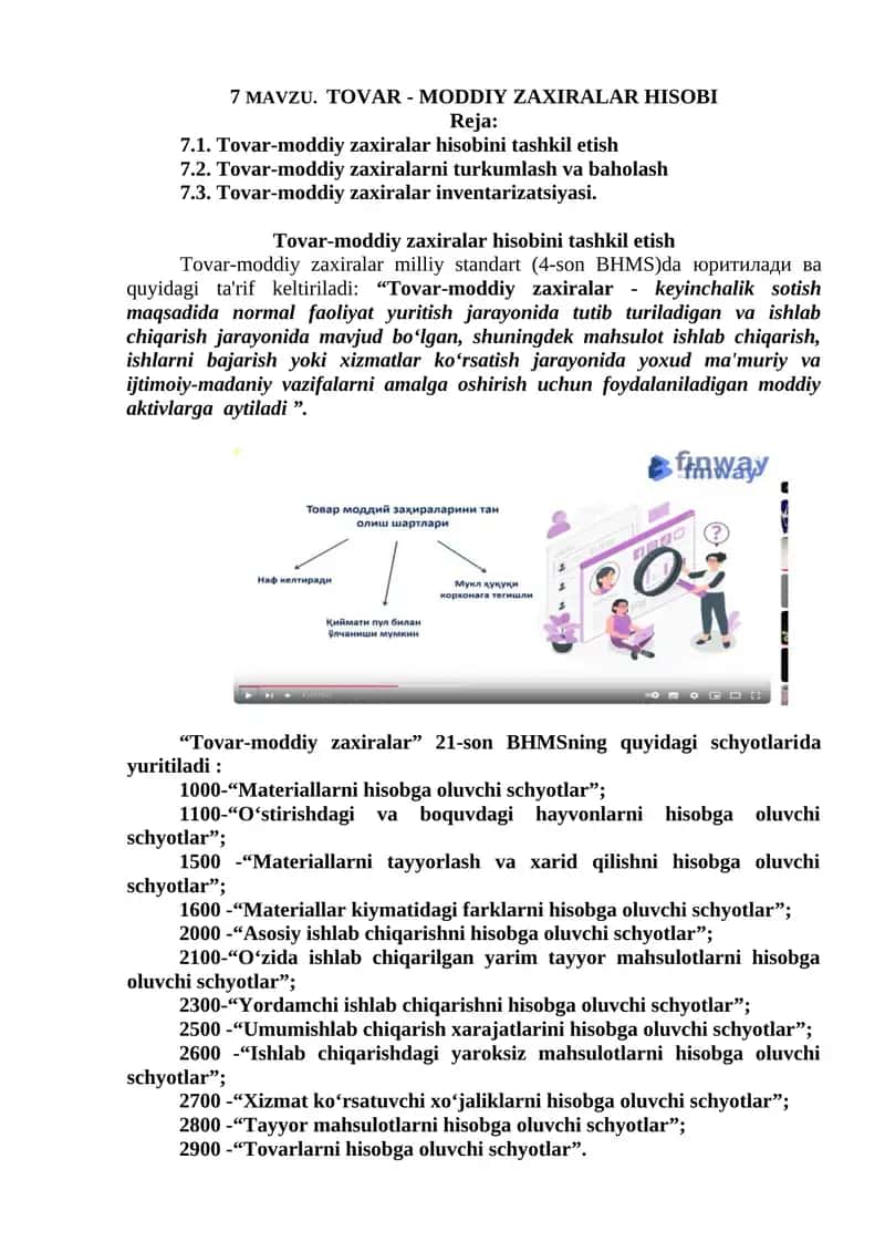MAVZU. TOVAR - MODDIY ZAXIRALAR HISOBI