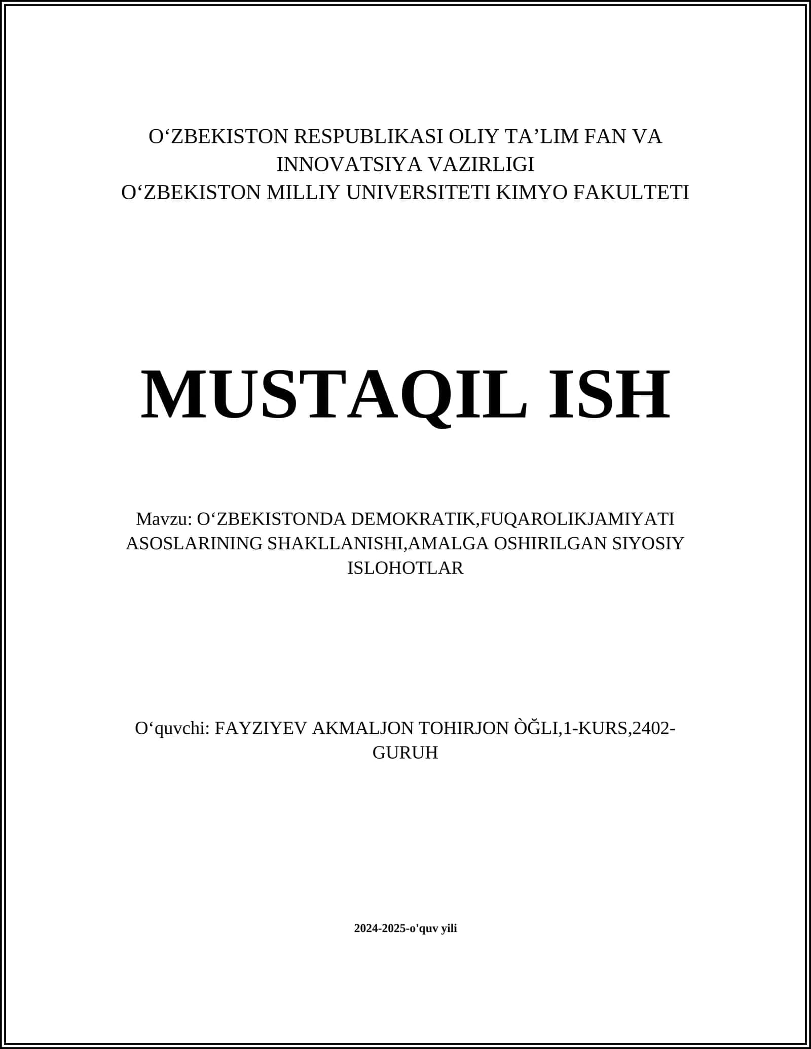 O'zbekistonda demokratik islohotlar tarixi