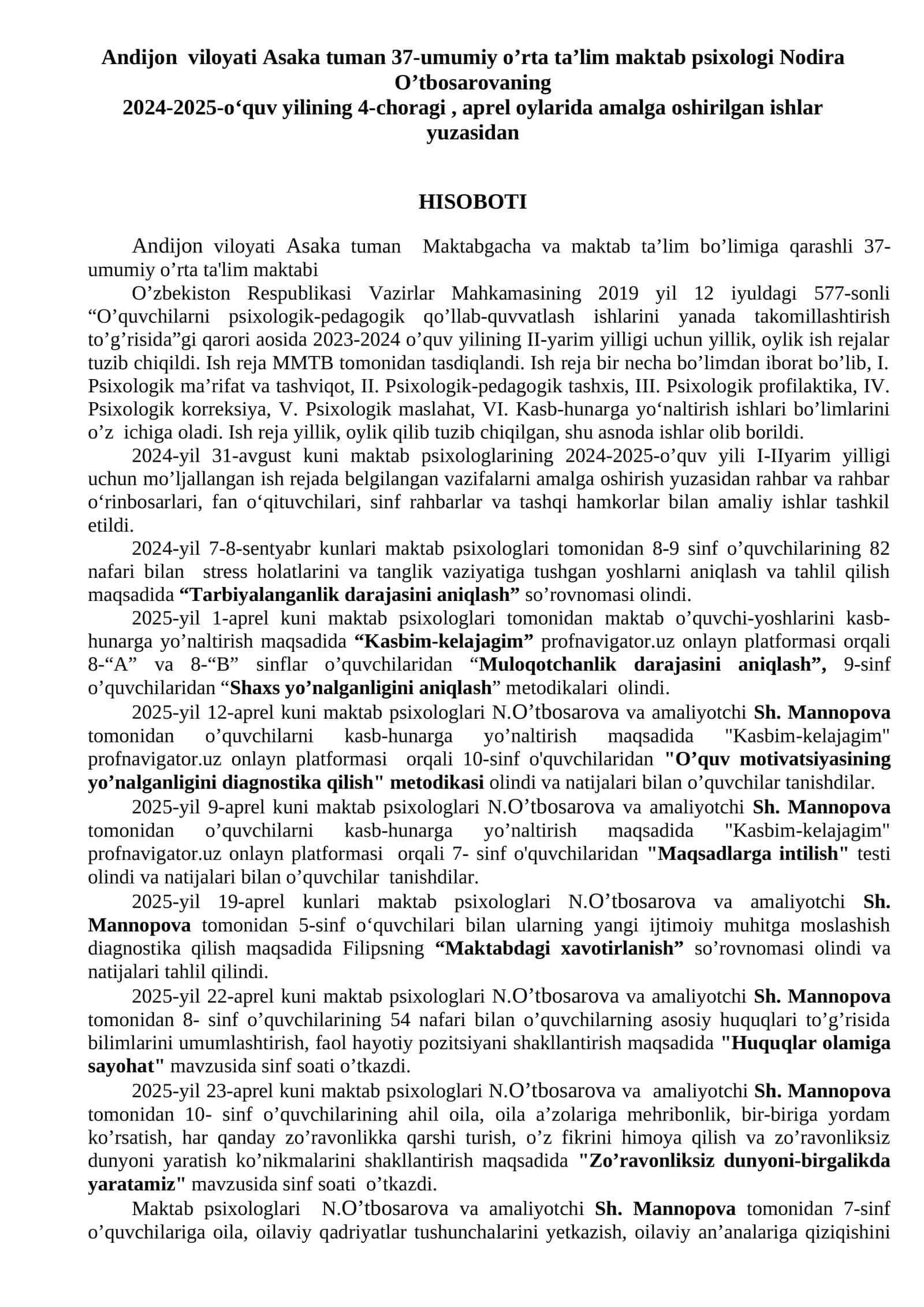 O’quvchilarni psixologik-pedagogik qo’llab-quvvatlash ishlarini yanada takomillashtirish