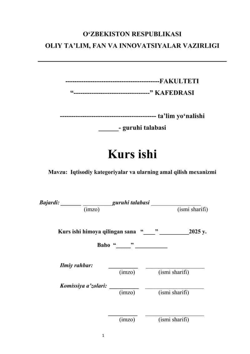Iqtisodiy kategoriyalar va ularning amal qilish mexanizmi kurs ishi
