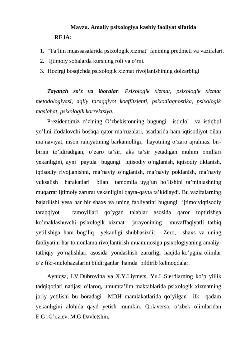 Amaliy psixologiya kasbiy faoliyat sifatida