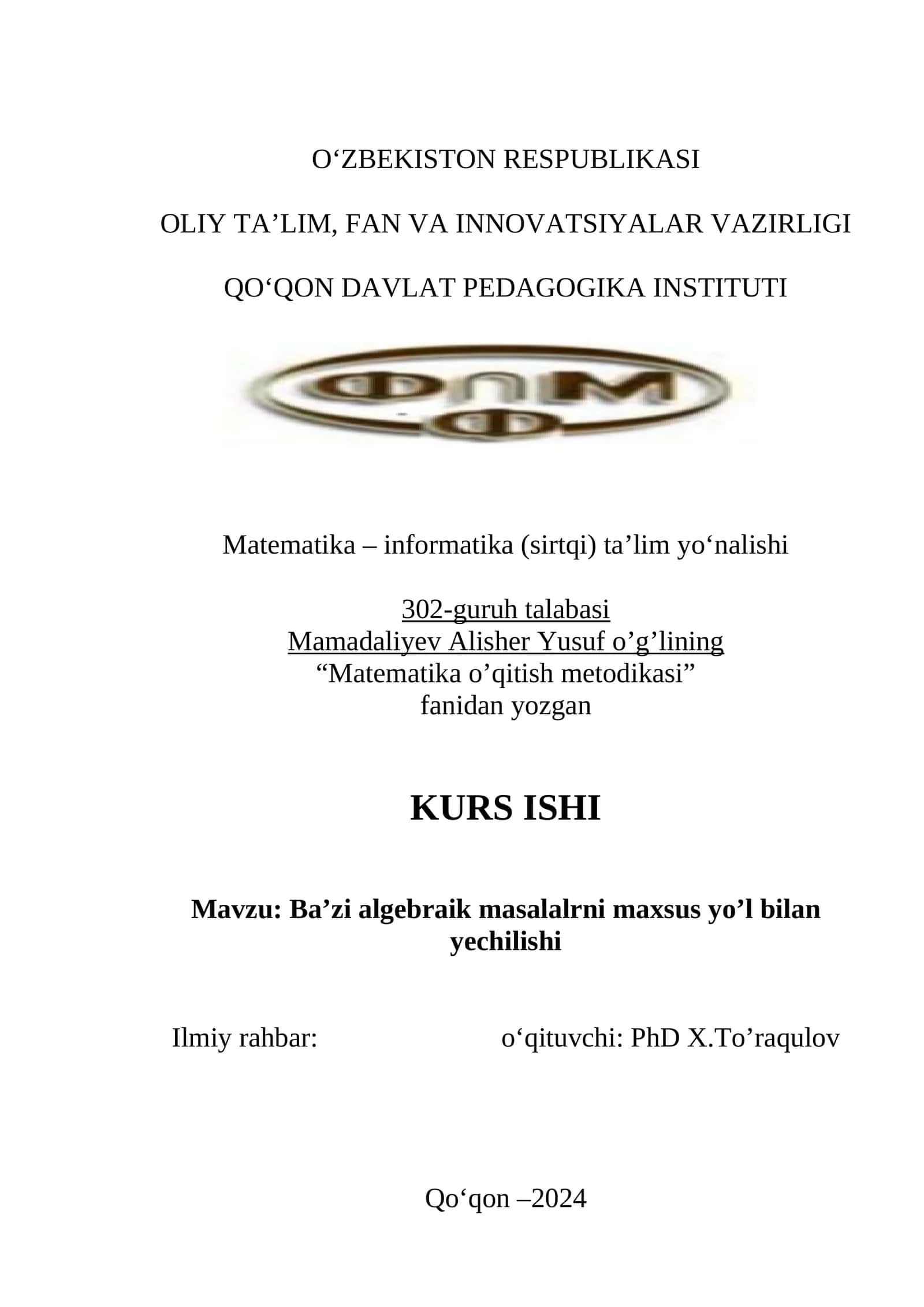 Baʼzi algebraik masalalarni maxsus yoʻl bilan yechilishi