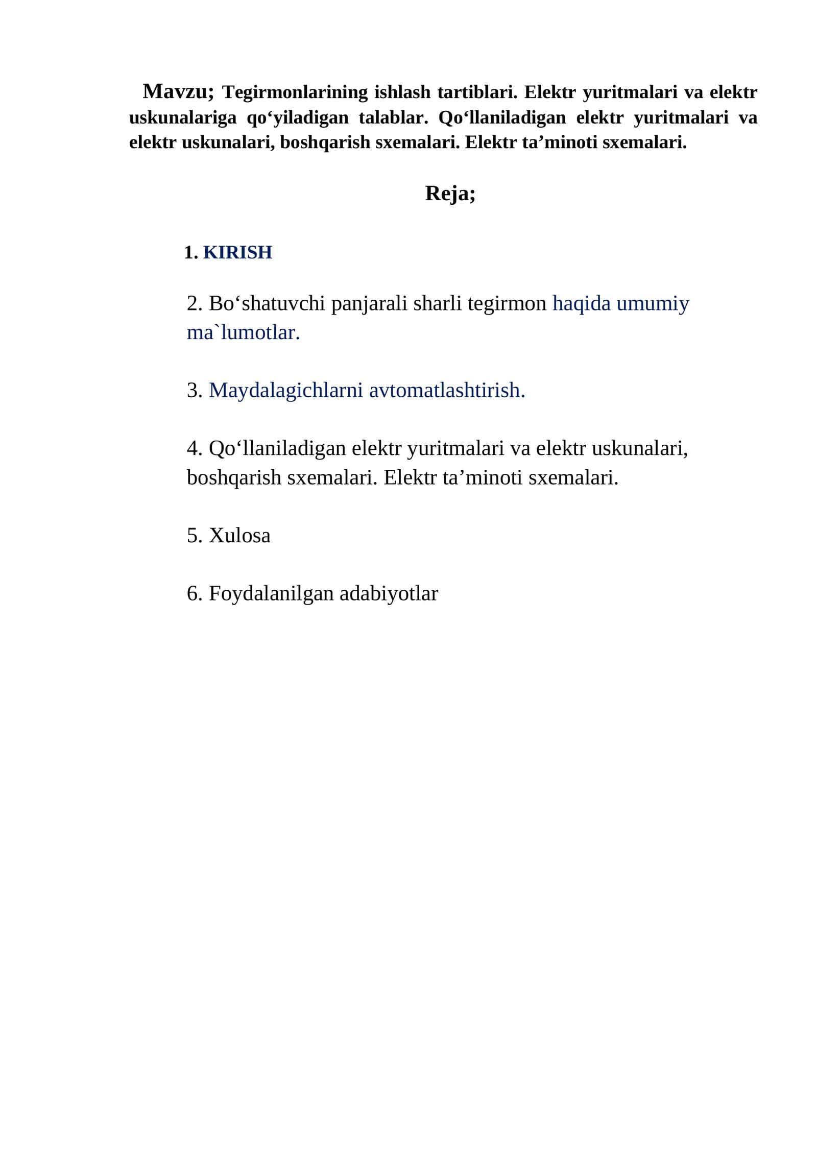 Tegirmonlarining ishlash tartiblari. Elektr yuritmalari va elektr uskunalariga qo‘yiladigan talablar. Qo‘llaniladigan elektr yuritmalari va elektr uskunalari, boshqarish sxemalari. Elektr ta’minoti sxemalari