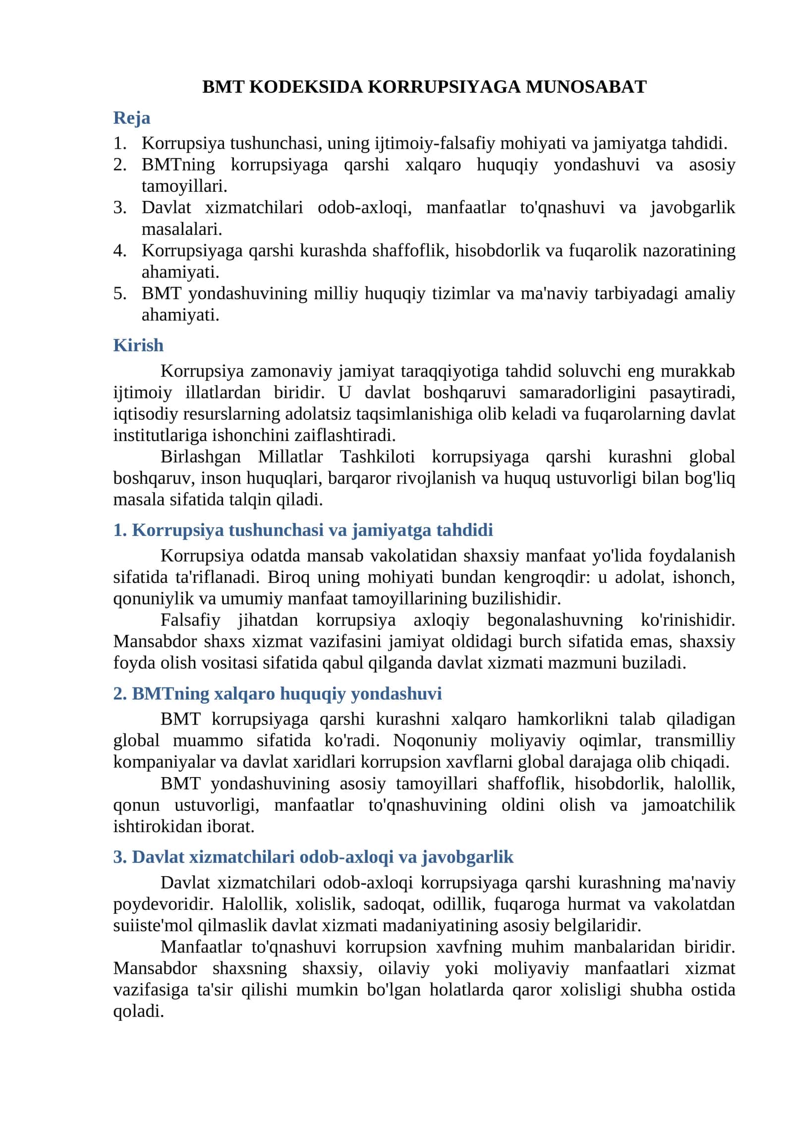 BMT KODEKSIDA KORRUPSIYAGA MUNOSABAT