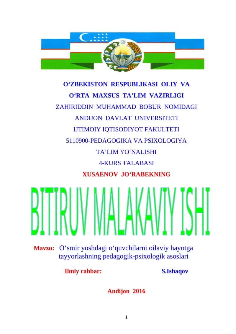 O‘smir yoshdagi o‘quvchilarni oilaviy hayotga tayyorlashning pedagogik-psixologik asoslari