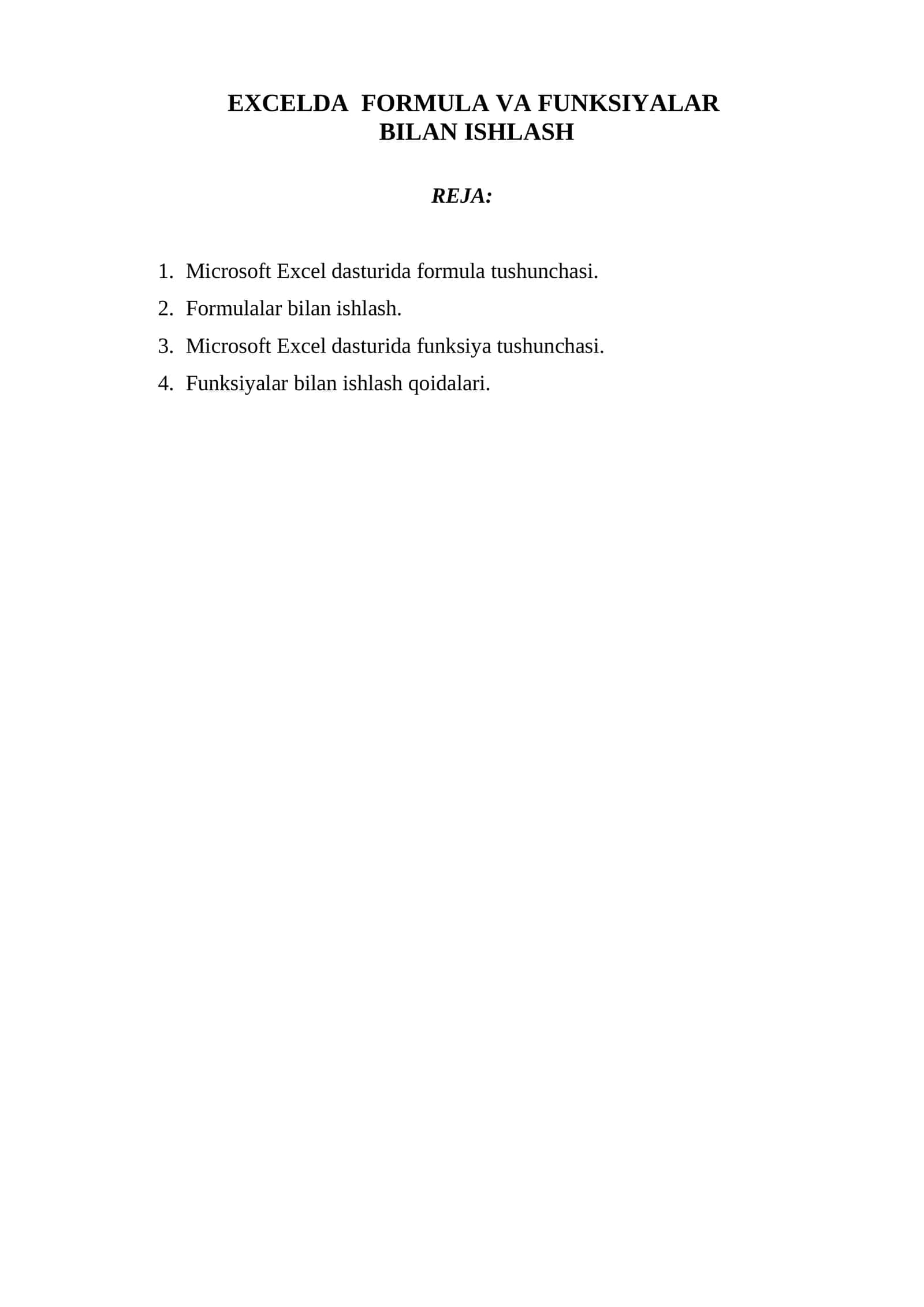 EXCELda FORMULA VA Funksiyalar bilan ishlash