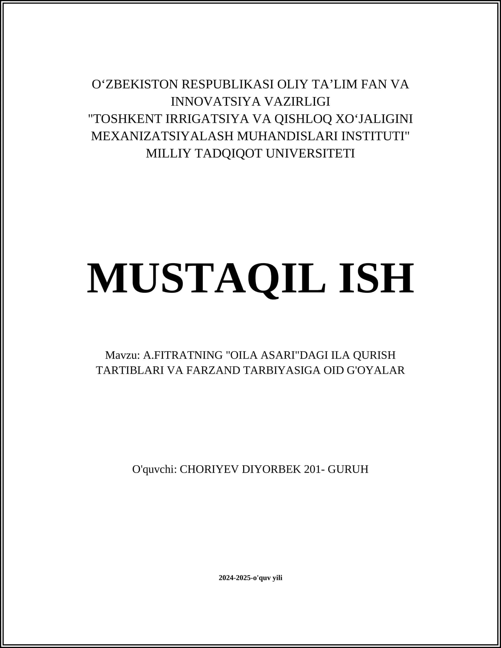 A.FITRATNING "OILA ASARI"DAGI ILA QURISH TARTIBLARI VA FARZAND TARBIYASIGA OID G'OYALAR