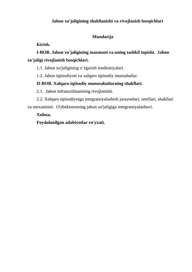 Jahon xo'jaligining shakllanishi va rivojlanish bosqichlari