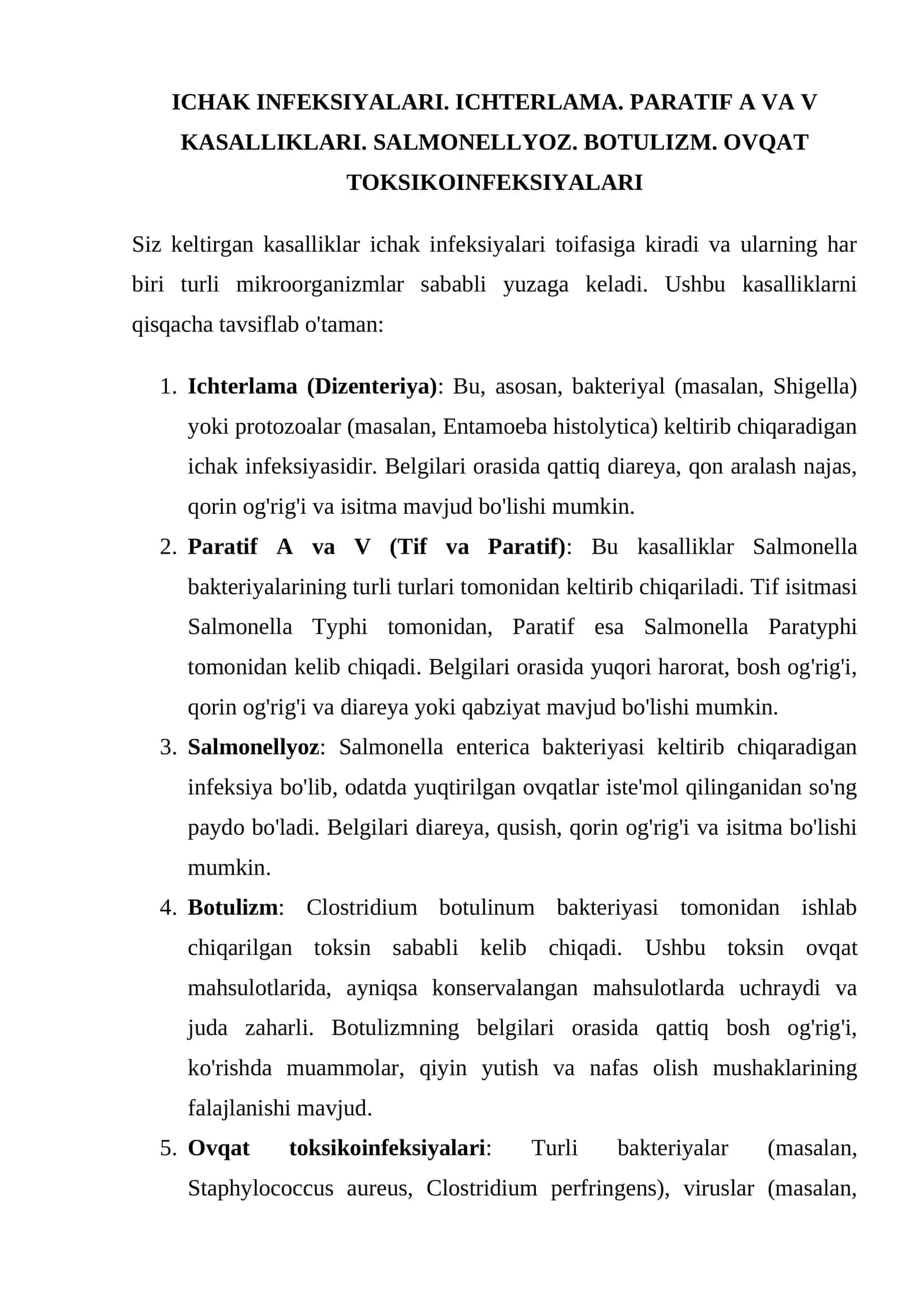 ICHAK INFEKSIYALARI. ICHTERLAMA. PARATIF A VA V KASALLIKLARI. SALMONELLYOZ. BOTULIZM. OVQAT TOKSIKOINFEKSIYALARI