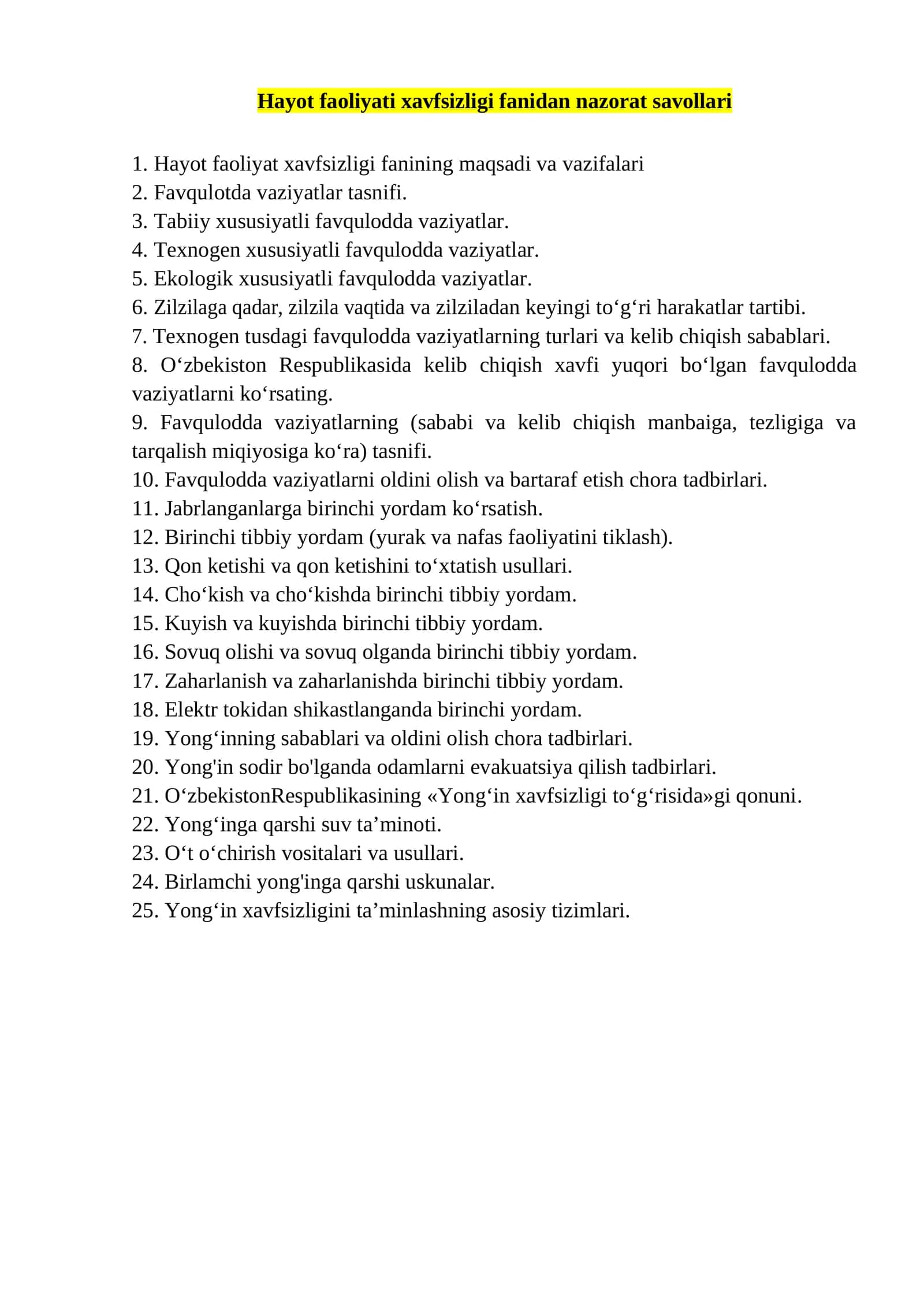 Hayot faoliyati xavfsizligi fanidan nazorat savollari