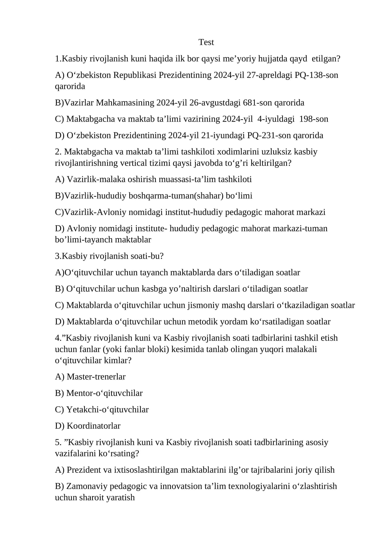 Kasbiy rivojlanish kuni testlar