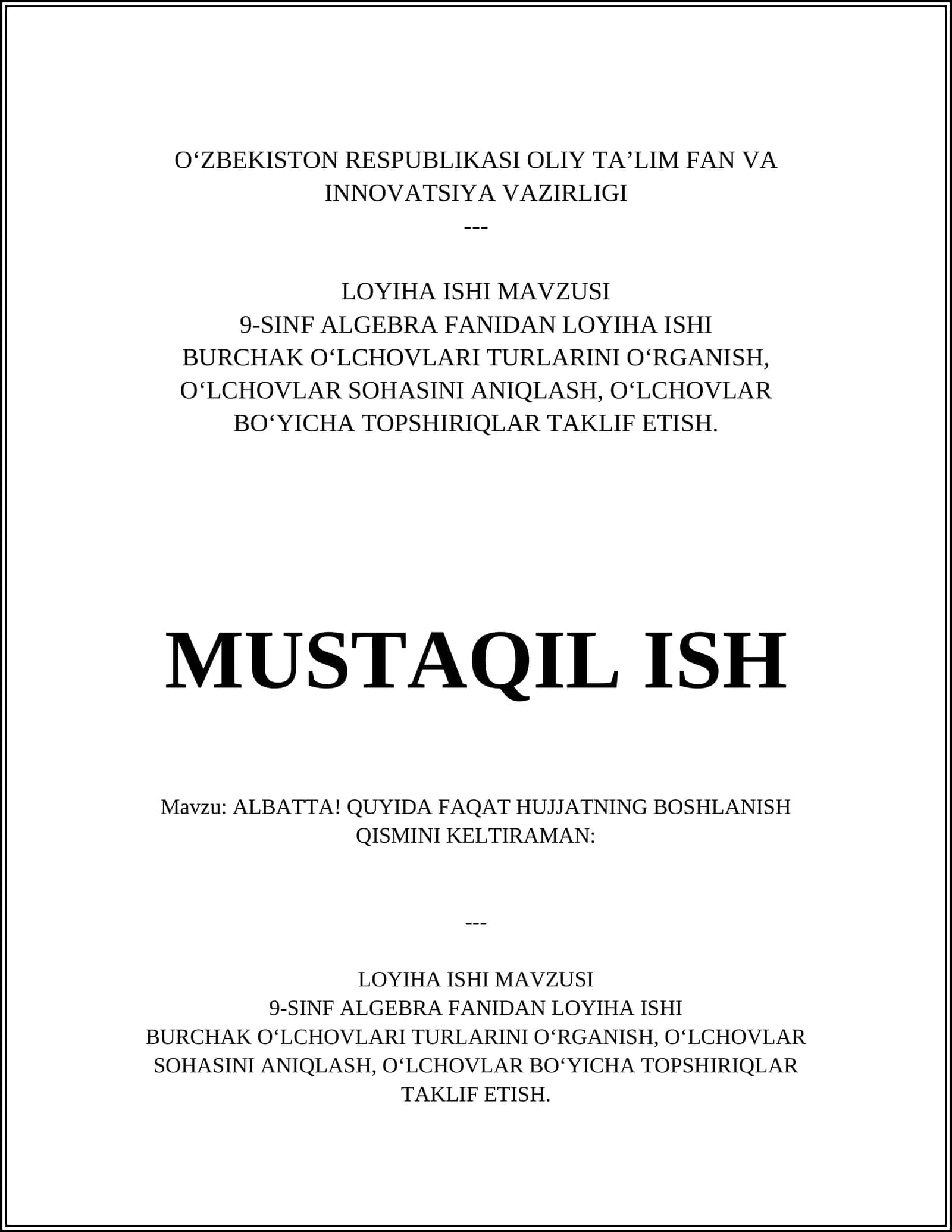 9-SINF ALGEBRA FANIDAN LOYIHA ISHI