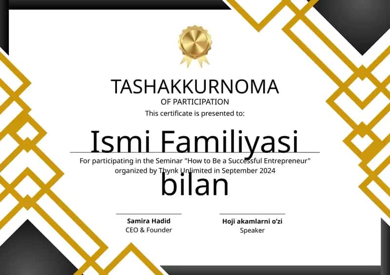Tashakkurnoma shablon tayyori andoza