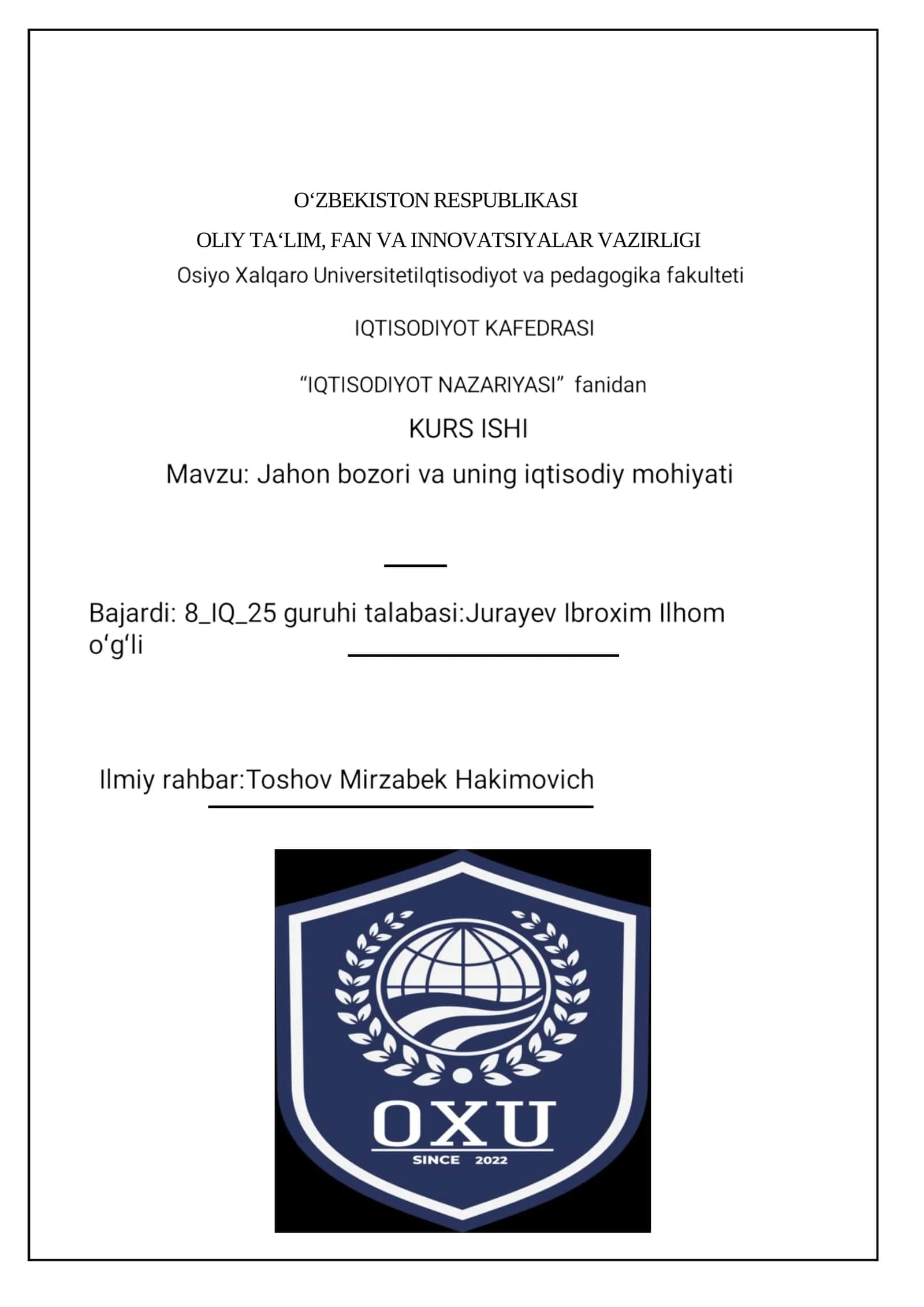 Jahon bozori va uning mohiyati