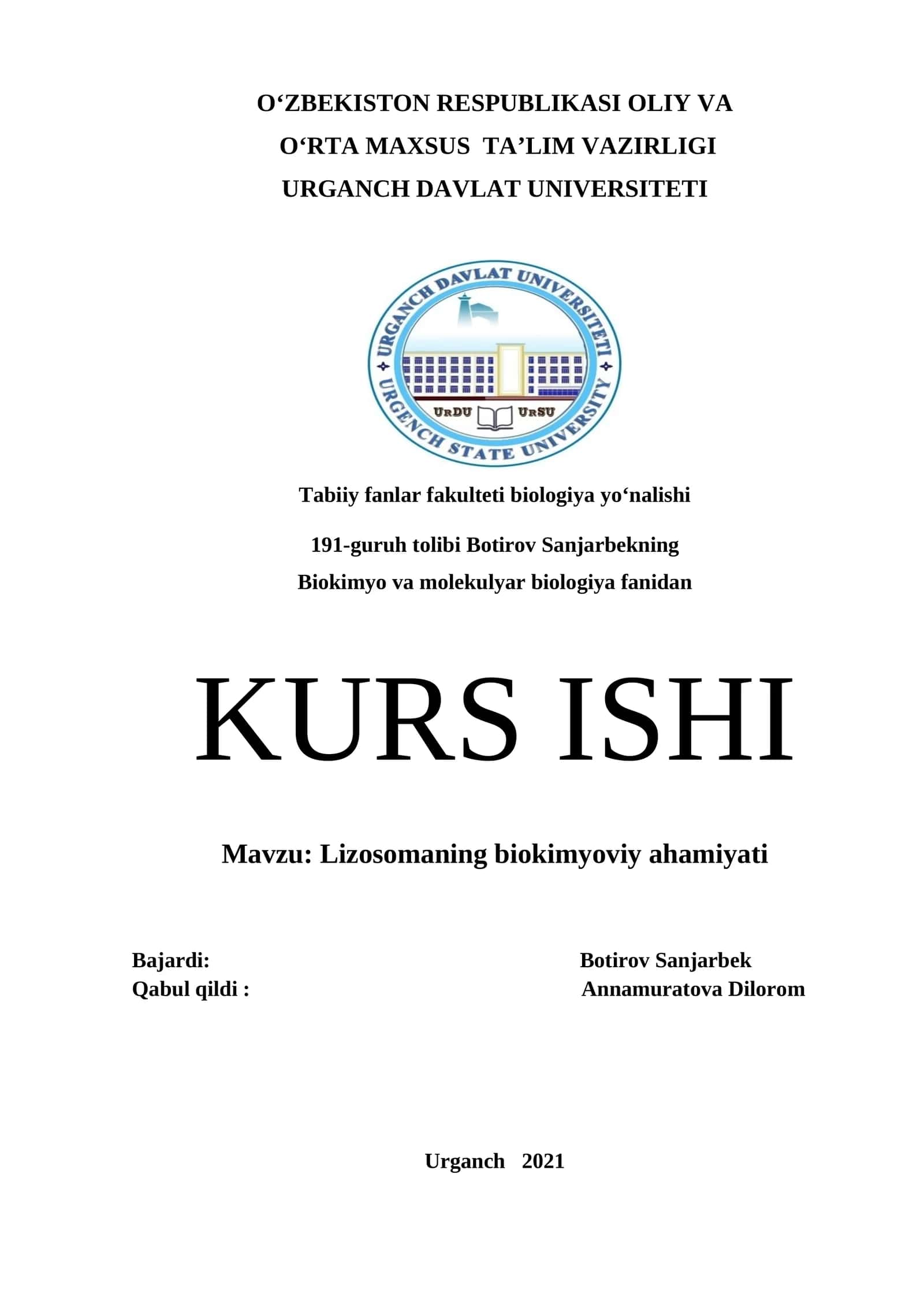 Lizosomaning biokimyoviy ahamiyati KURS ISHI