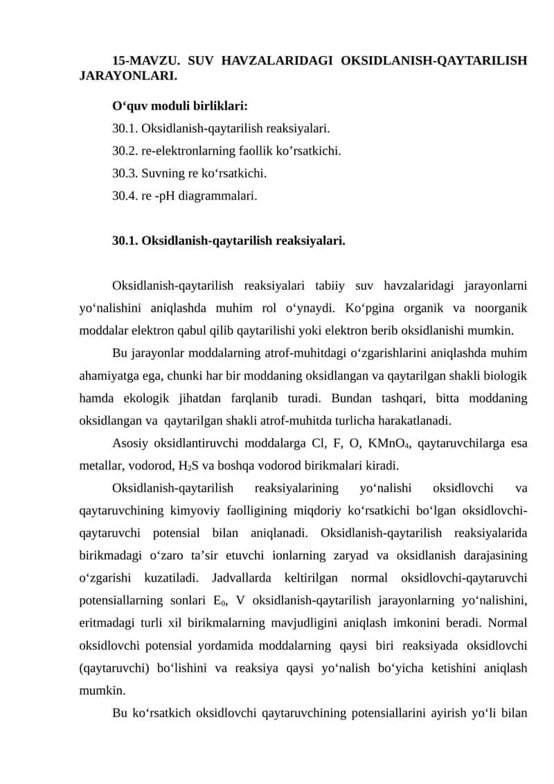 Suv havzalaridagi oksidlanish-qaytarilish jarayonlari