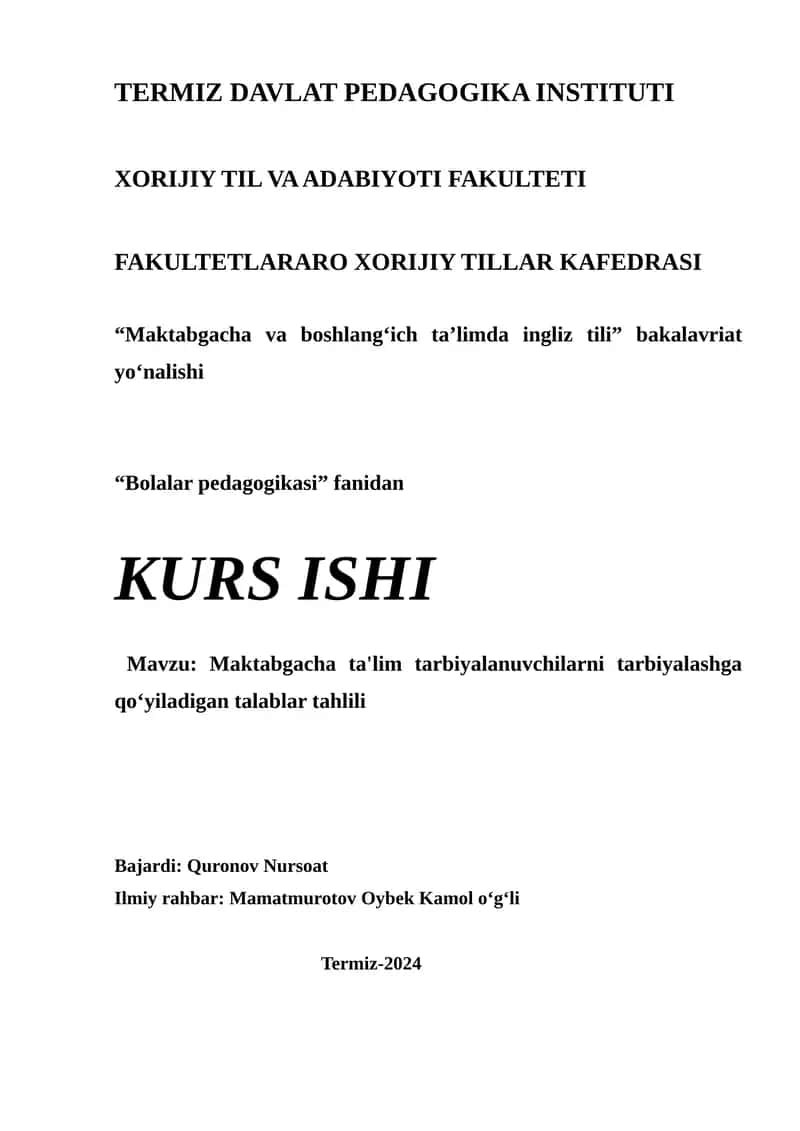 Maktabgacha ta'lim tarbiyalanuvchilarni tarbiyalashga qo‘yiladigan talablar tahlili