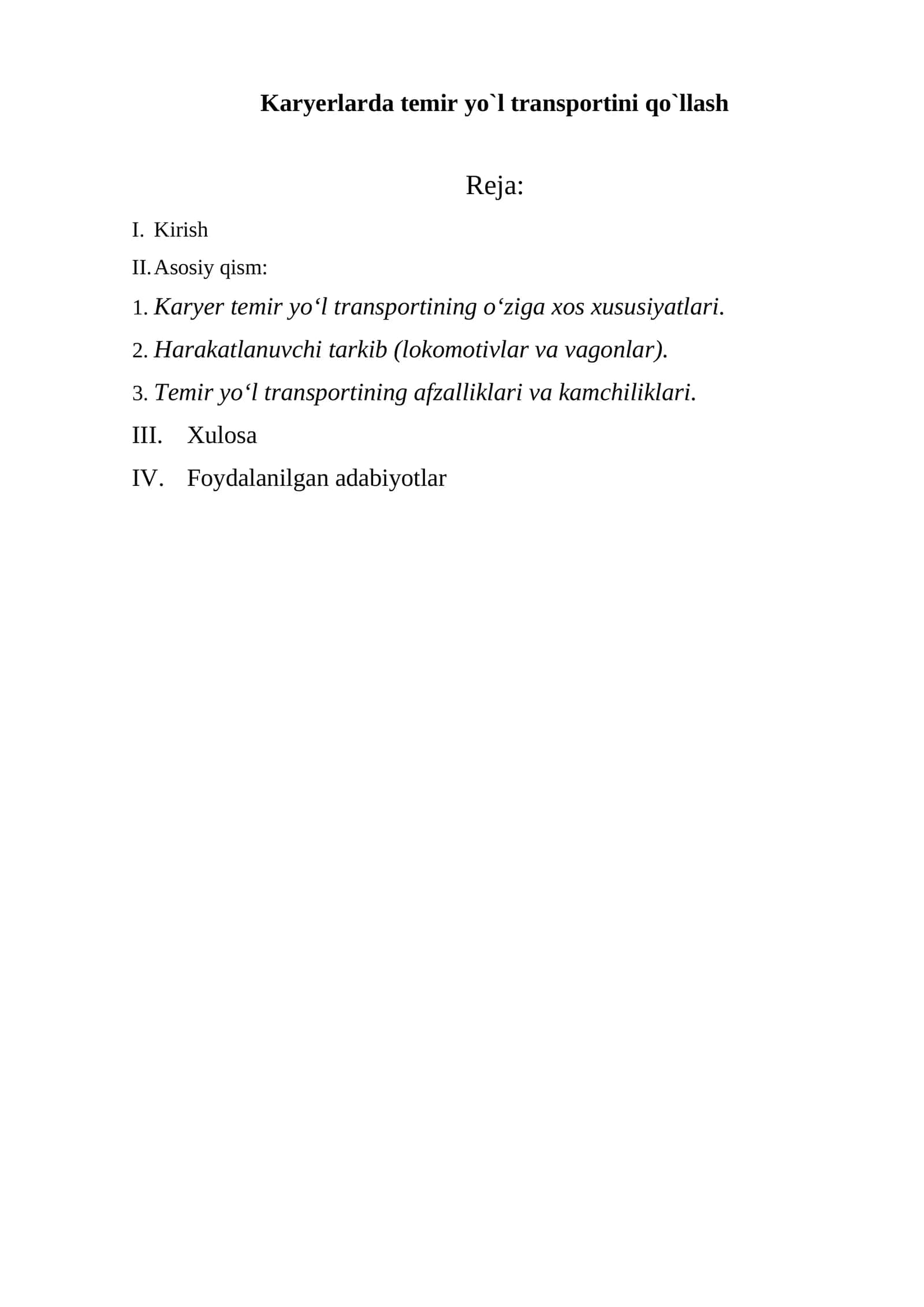 Karyerlarda temir yo`l transportini qo`llash