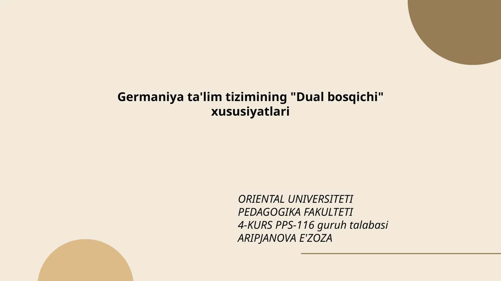 Germaniya ta'lim tizimining "Dual bosqichi" xususiyatlari