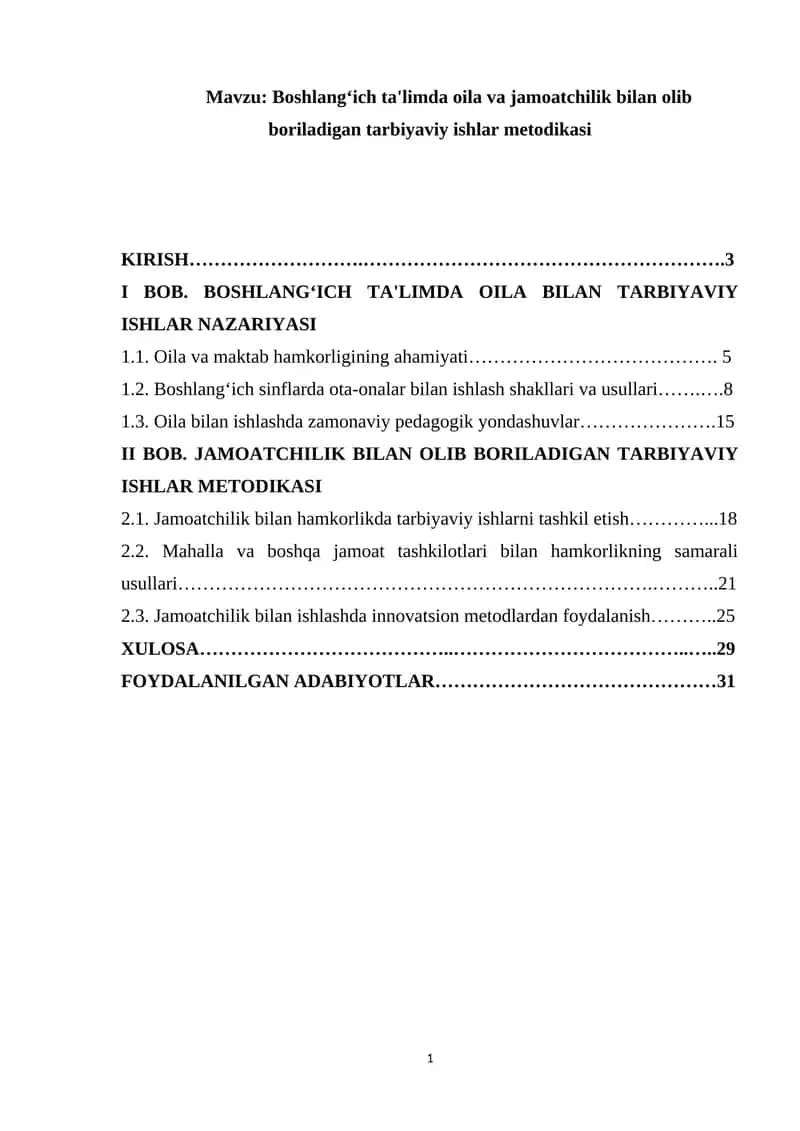 Boshlang‘ich ta'limda oila va jamoatchilik bilan olib boriladigan tarbiyaviy ishlar metodikasi