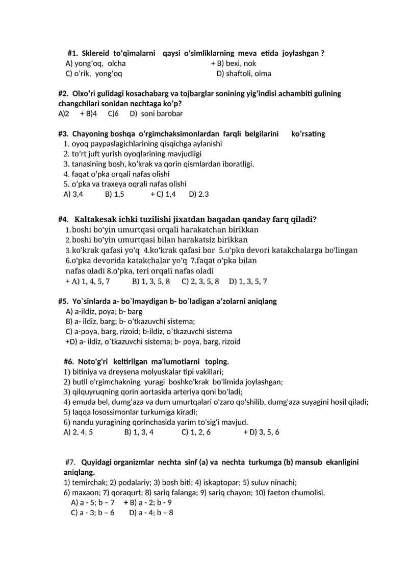 Biologiya fanidan test savollari