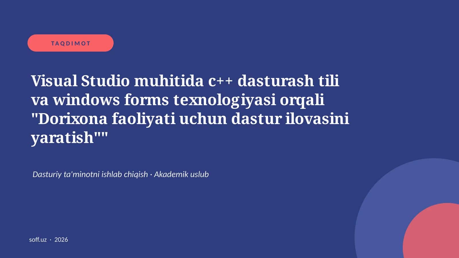 Visual Studio muhitida c++ dasturash tili va windows forms texnologiyasi orqali "Dorixona faoliyati uchun dastur ilovasini yaratish"