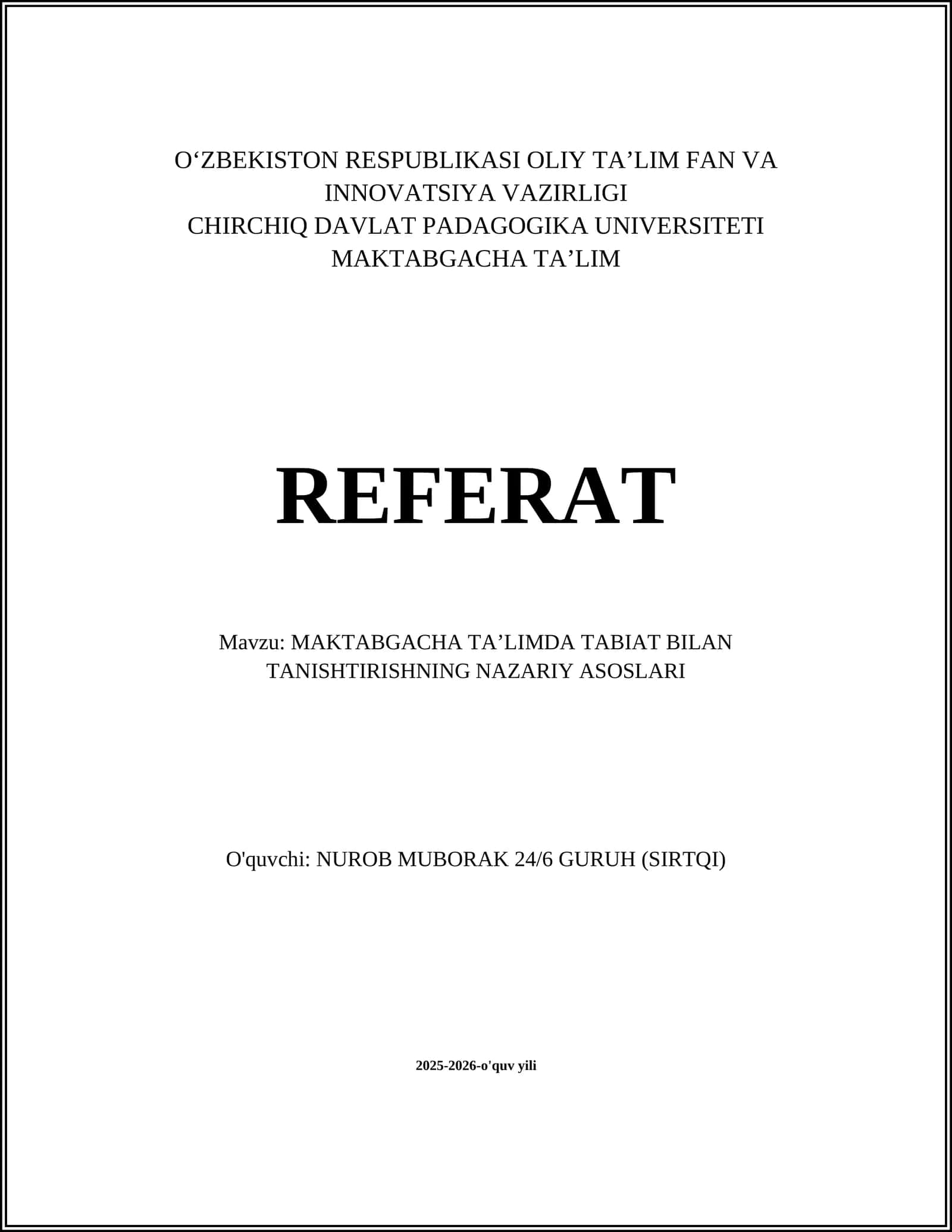 MAKTABGACHA TA’LIMDA TABIAT BILAN TANISHTIRISHNING NAZARIY ASOSLARI