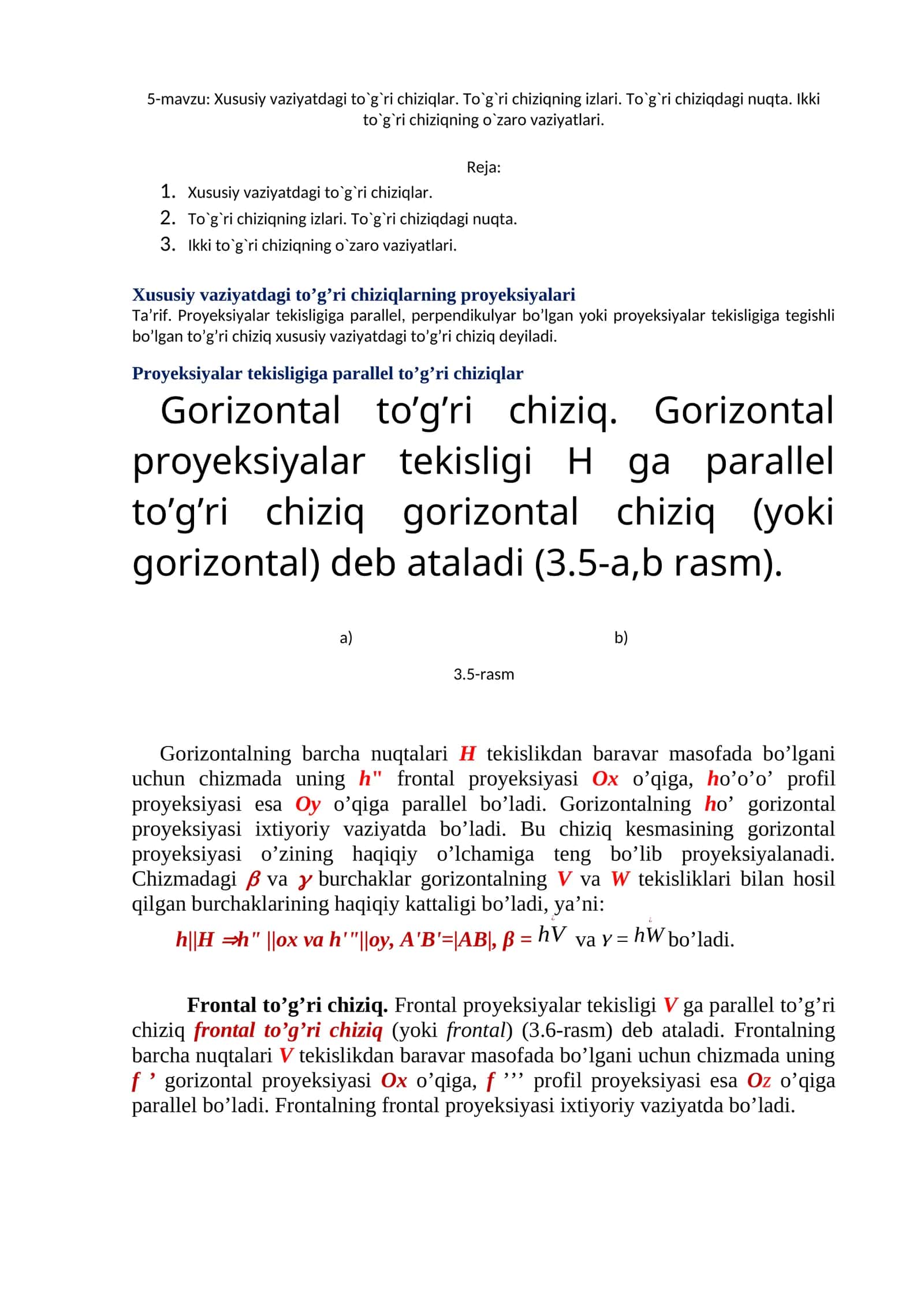Xususiy vaziyatdagi to’g’ri chiziqlar