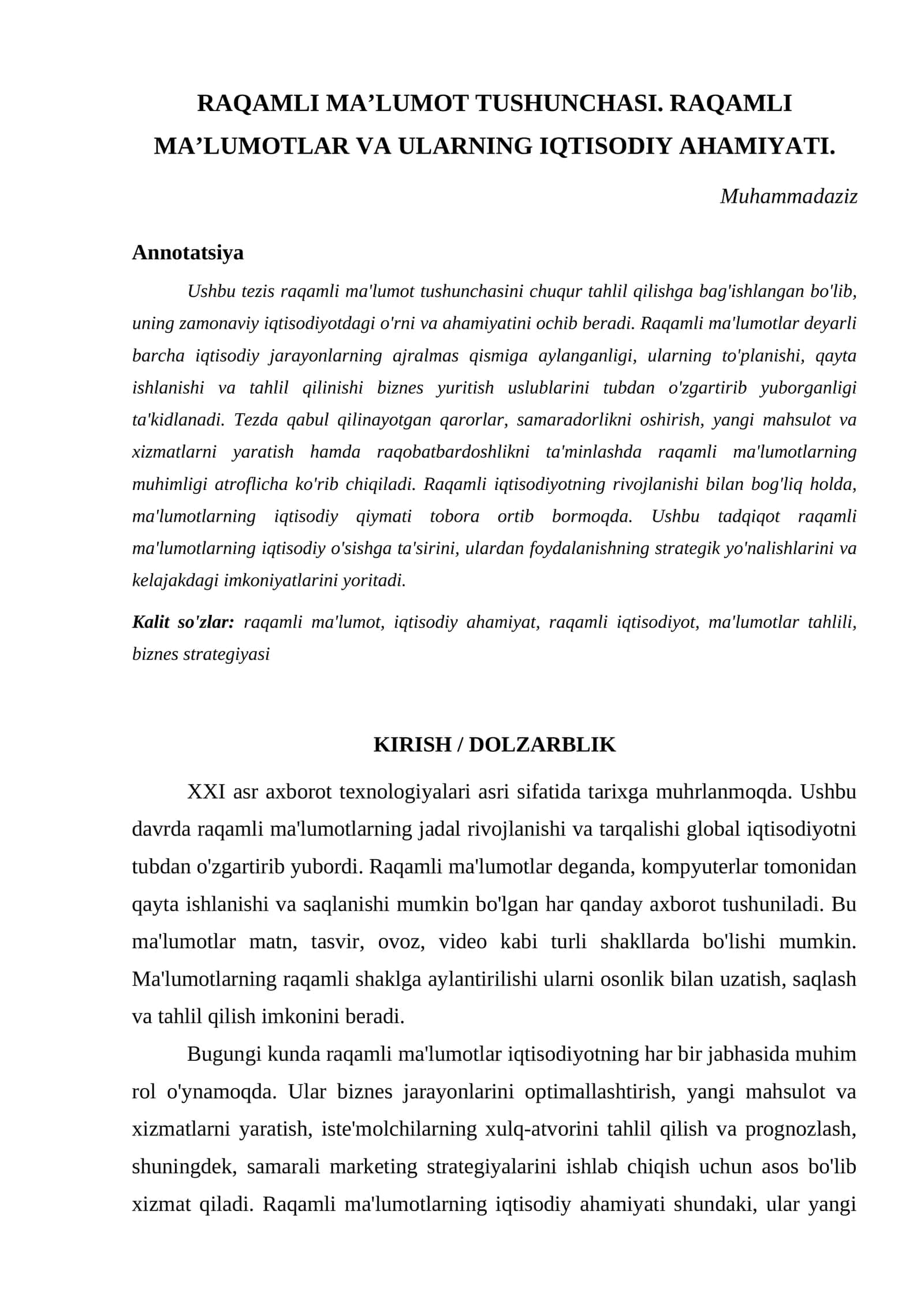 RAQAMLI MA’LUMOT TUSHUNCHASI. RAQAMLI MA’LUMOTLAR VA ULARNING IQTISODIY AHAMIYATI