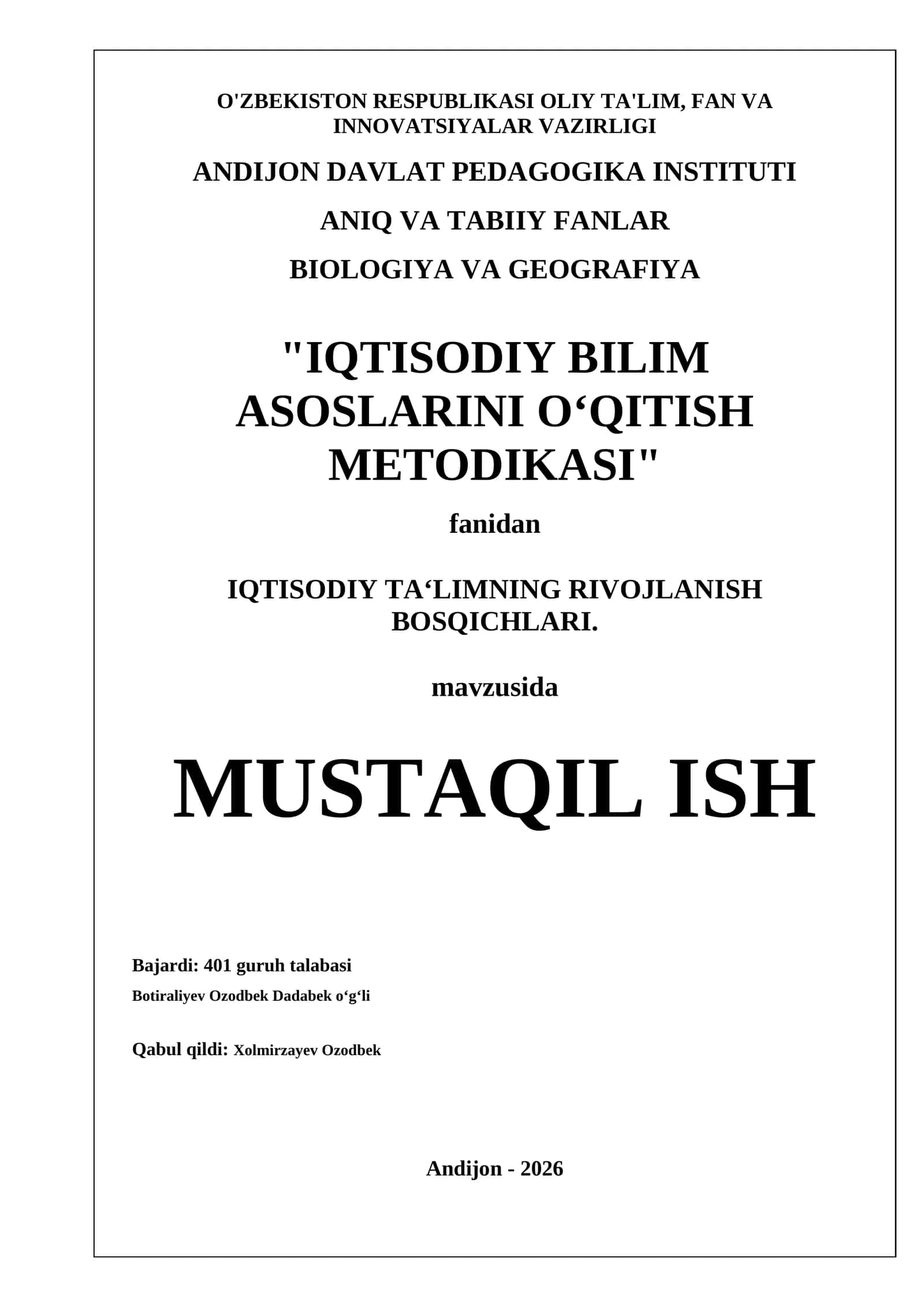 IQTISODIY BILIM ASOSLARINI OʻQITISH METODIKASI