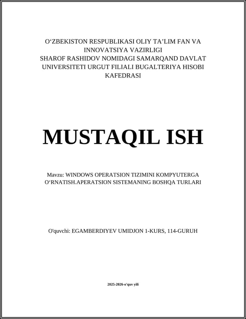 WINDOWS OPERATSION TIZIMINI KOMPYUTERGA OʻRNATISH