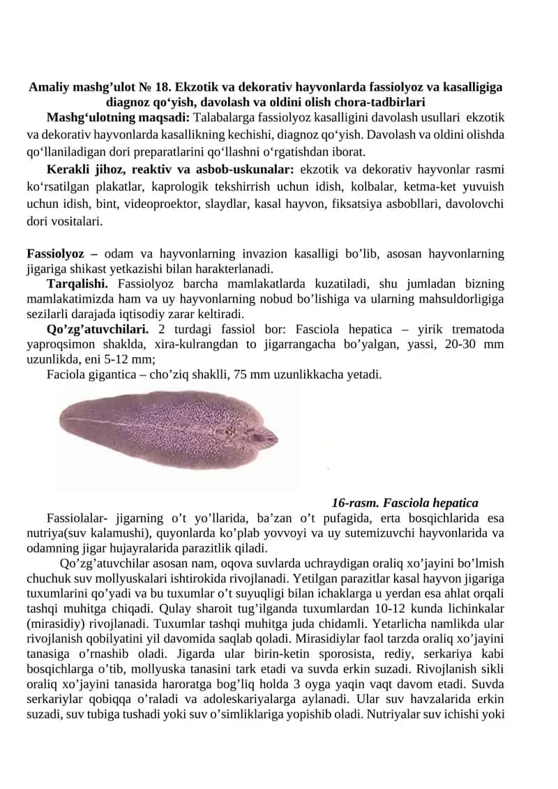 Amaliy mashg’ulot № 18. Ekzotik va dekorativ hayvonlarda fassiolyoz va kasalligiga diagnoz qo‘yish, davolash va oldini olish chora-tadbirlari