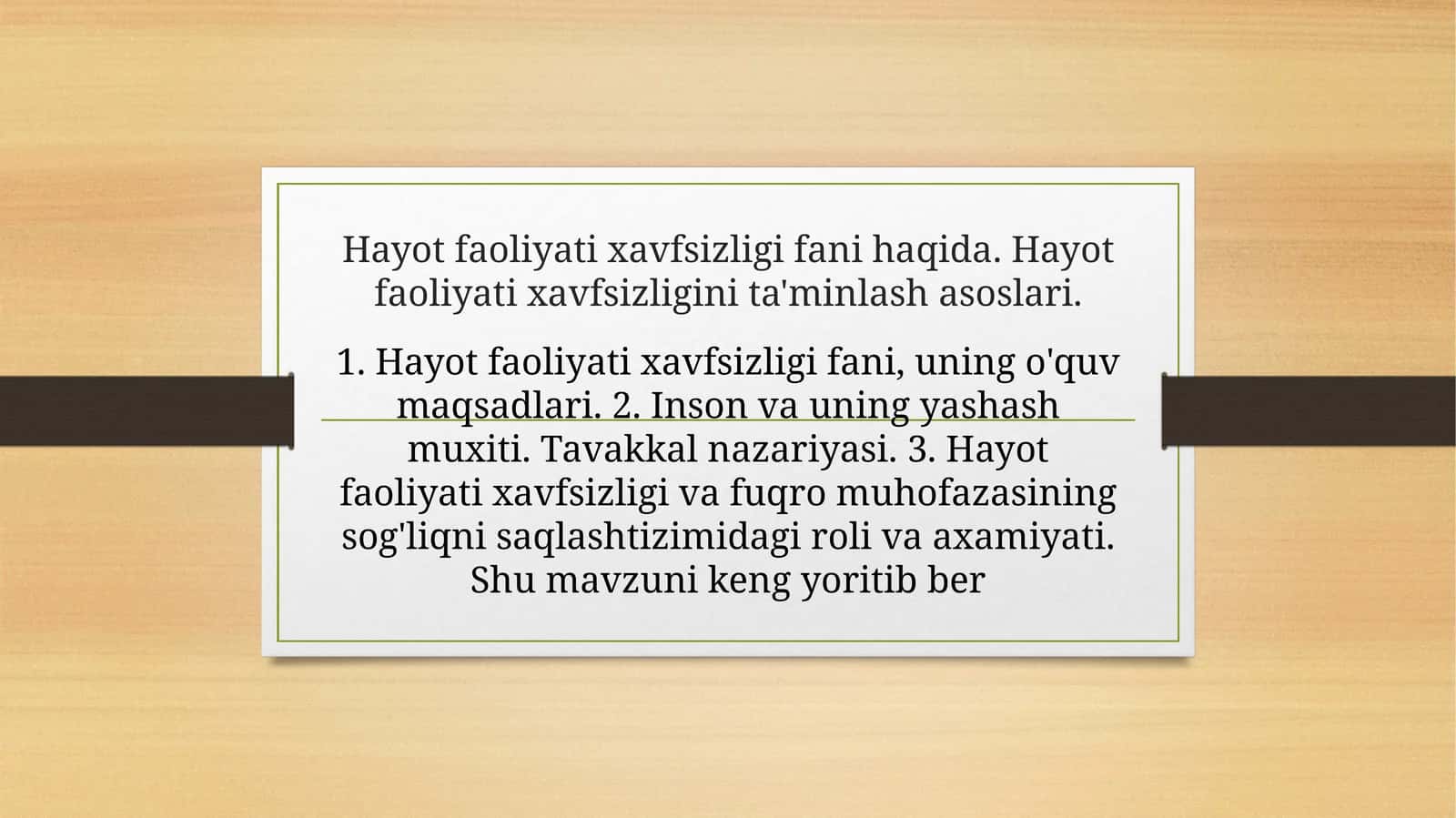 Hayot faoliyati xavfsizligi fanidagi rol va axamiyati