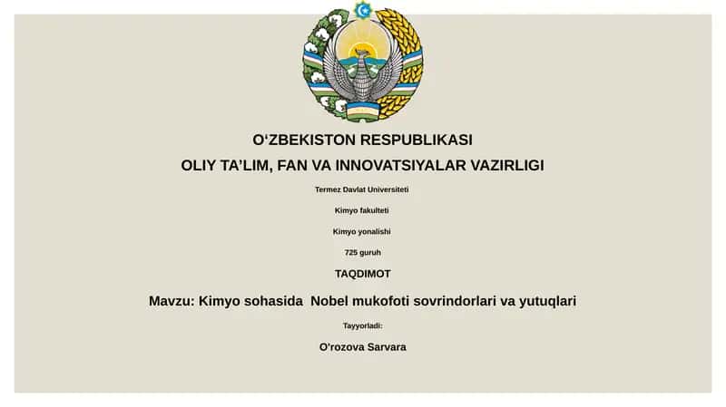 Kimyo sohasida Nobel mukofoti sovrindorlari va yutuqlari