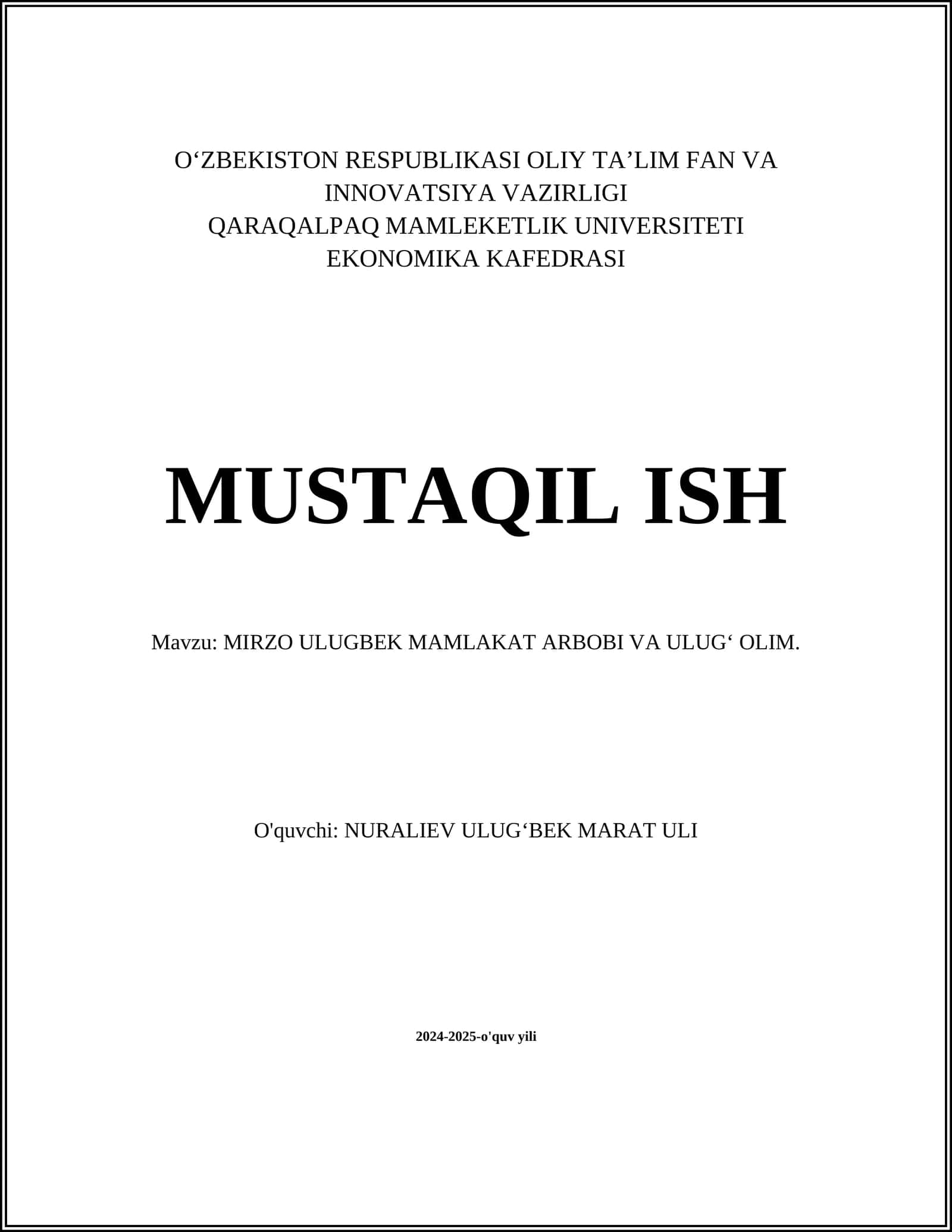 MIRZO ULUGBEK MAMLAKAT ARBOBI VA ULUG' OLIM
