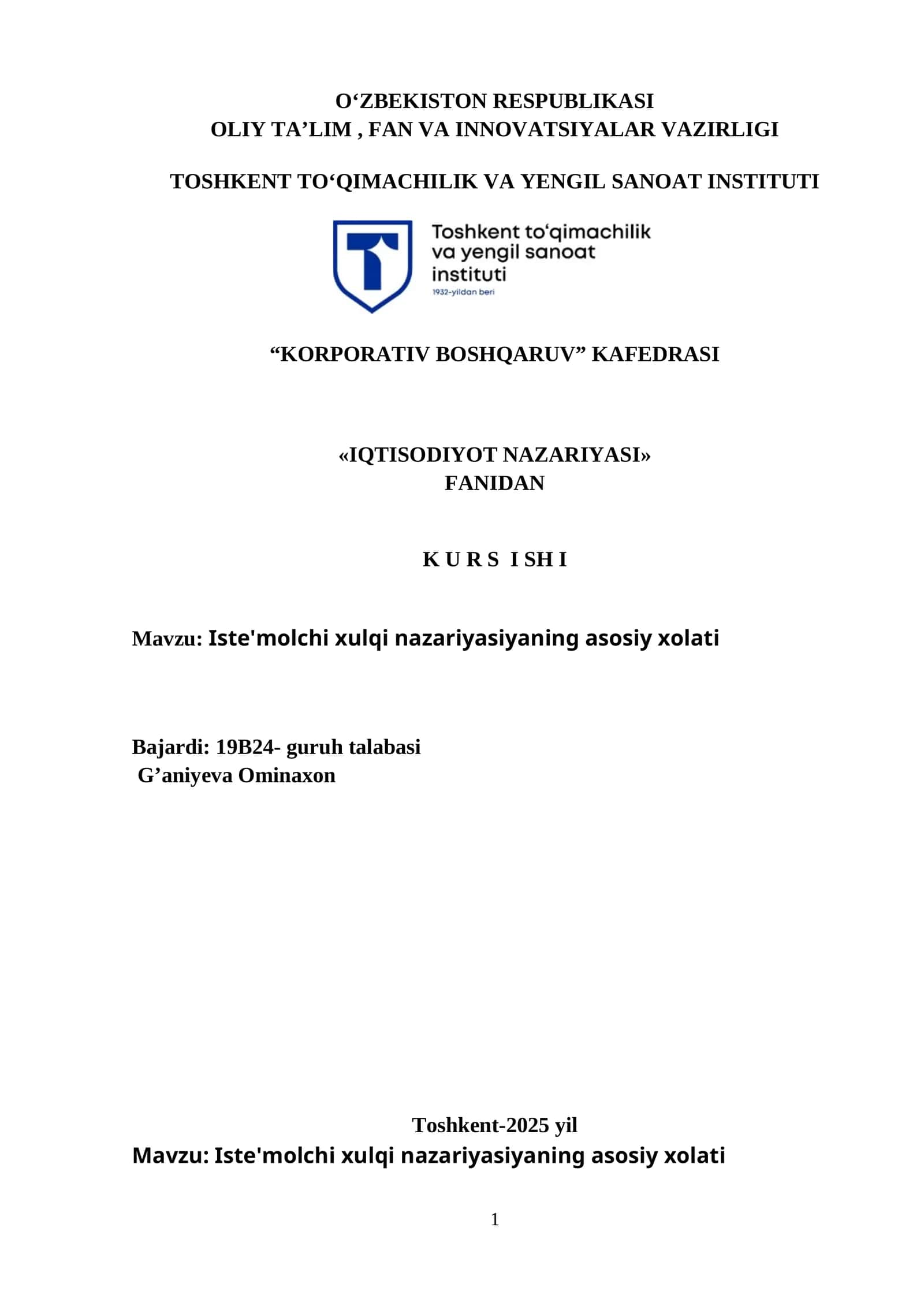 IQTISODIYOT NAZARIYASI FANIDAN KURS ISHI