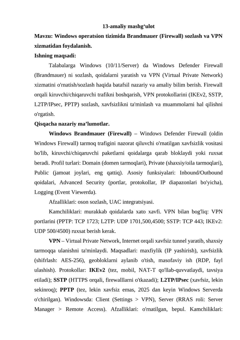 Windows operatsion tizimida Brandmauer (Firewall) sozlash va VPN xizmatidan foydalanish