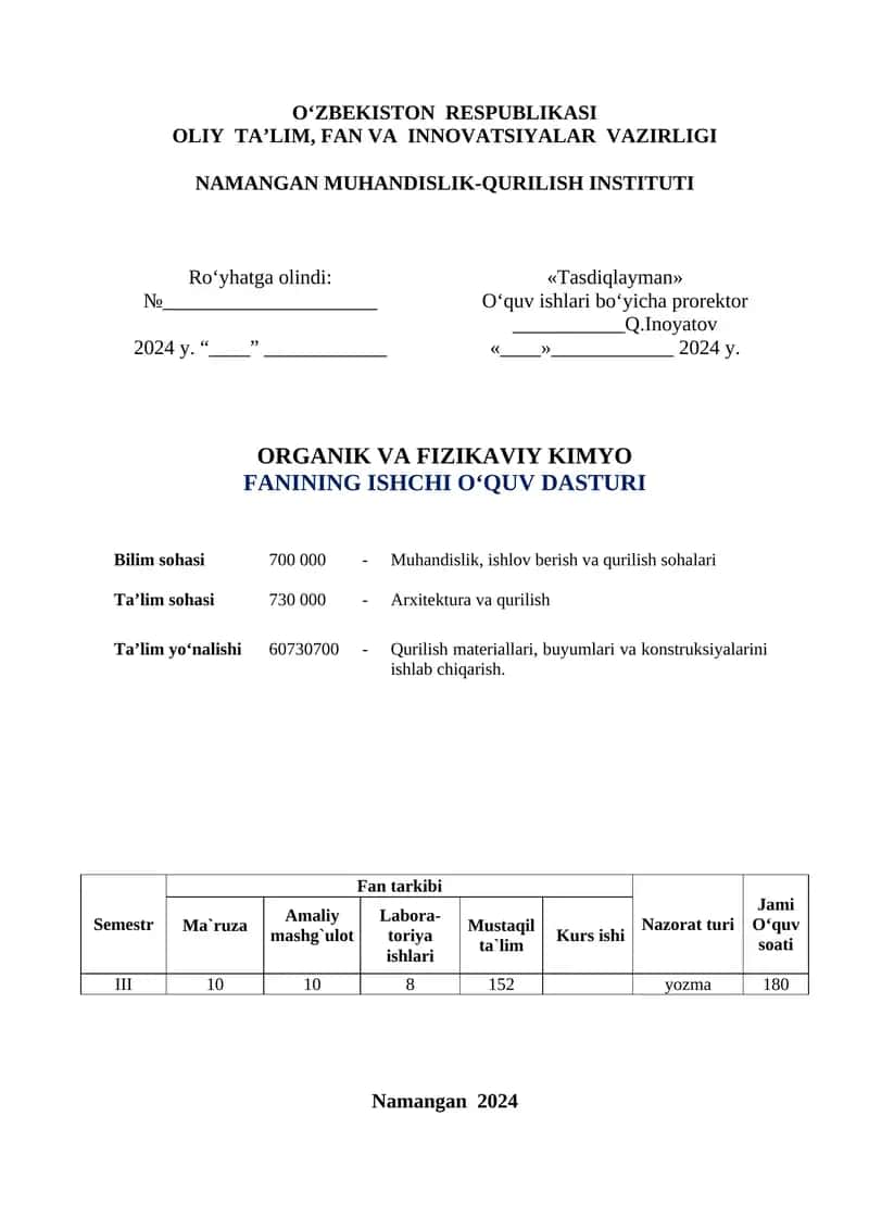 ORGANIK VA FIZIKAVIY KIMYO FANINING ISHCHI O‘QUV dasturI