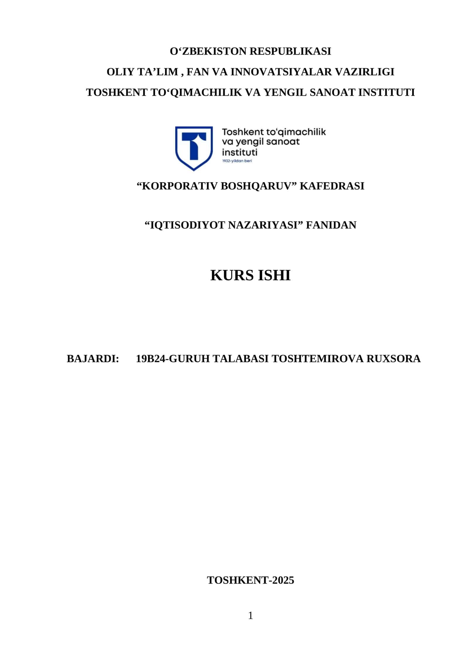 IQTISODIYOT NAZARIYASI FANIDAN KURS ISHI