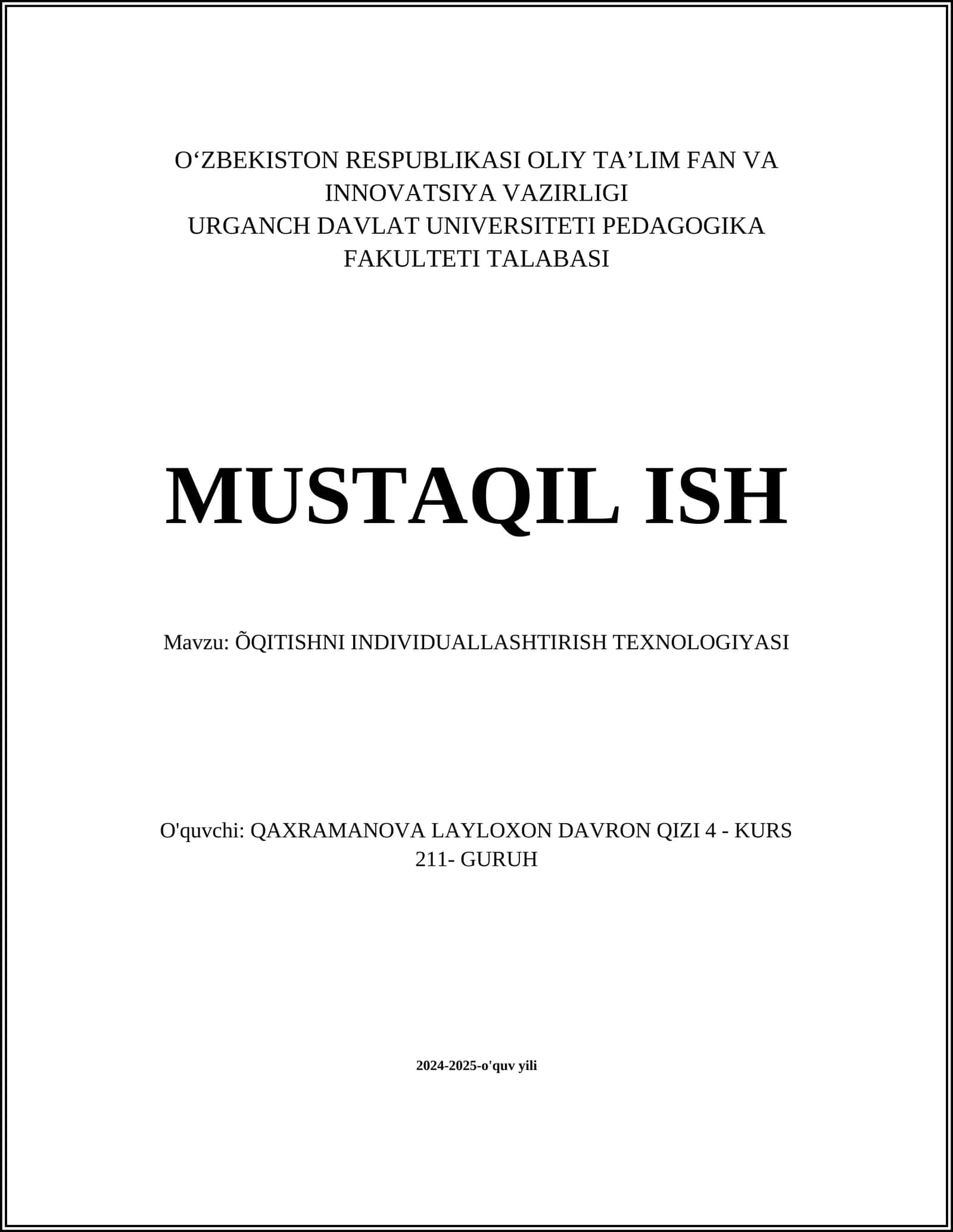 ÕQITISHNI INDIVIDUALLASHTIRISH TEXNOLOGIYASI