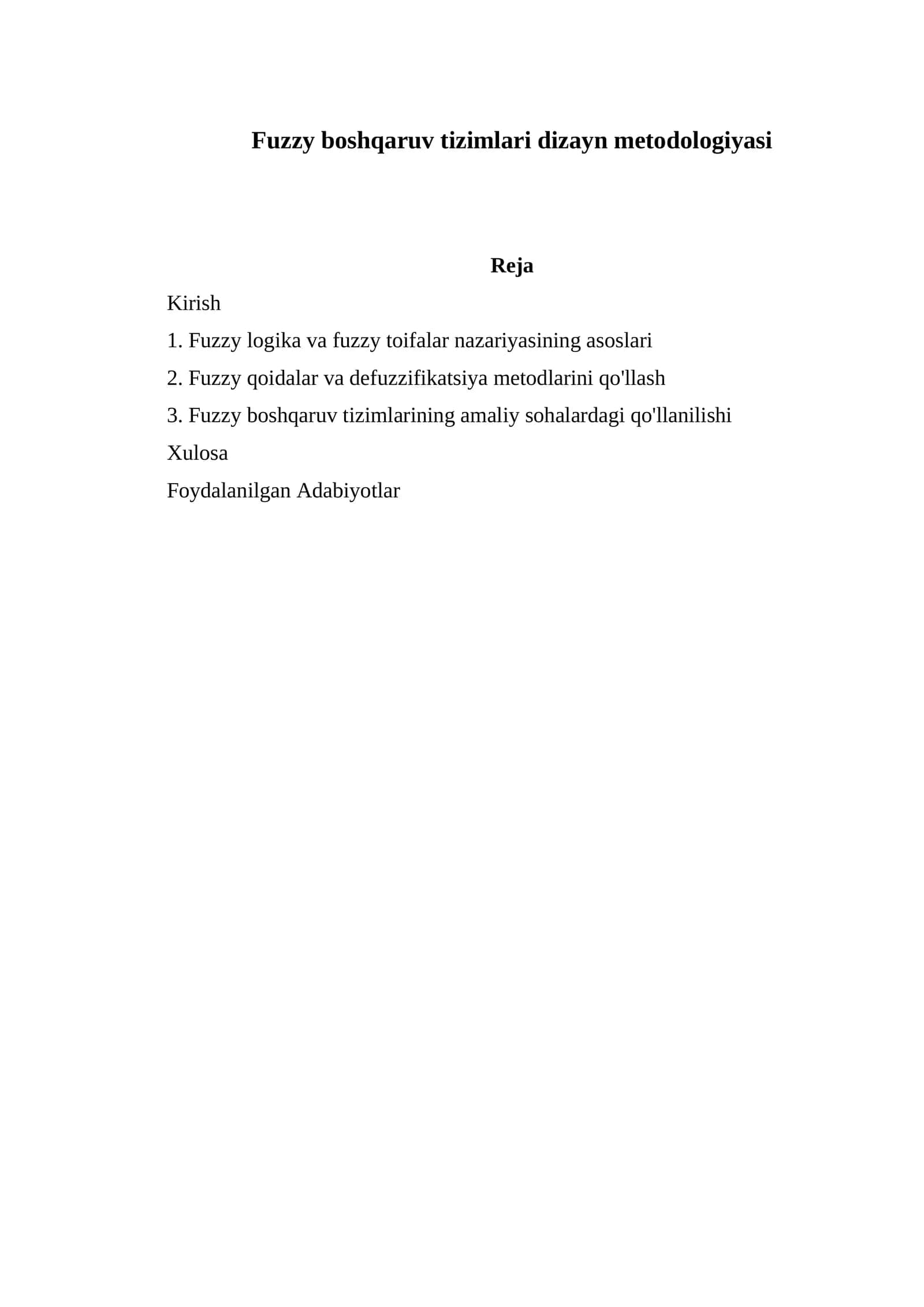 Fuzzy boshqaruv tizimlari dizayn metodologiyasi