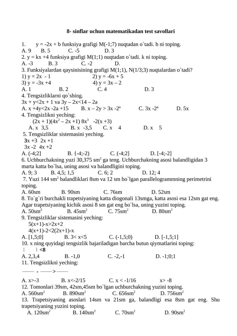 8- sinflar uchun matematikadan test savollari