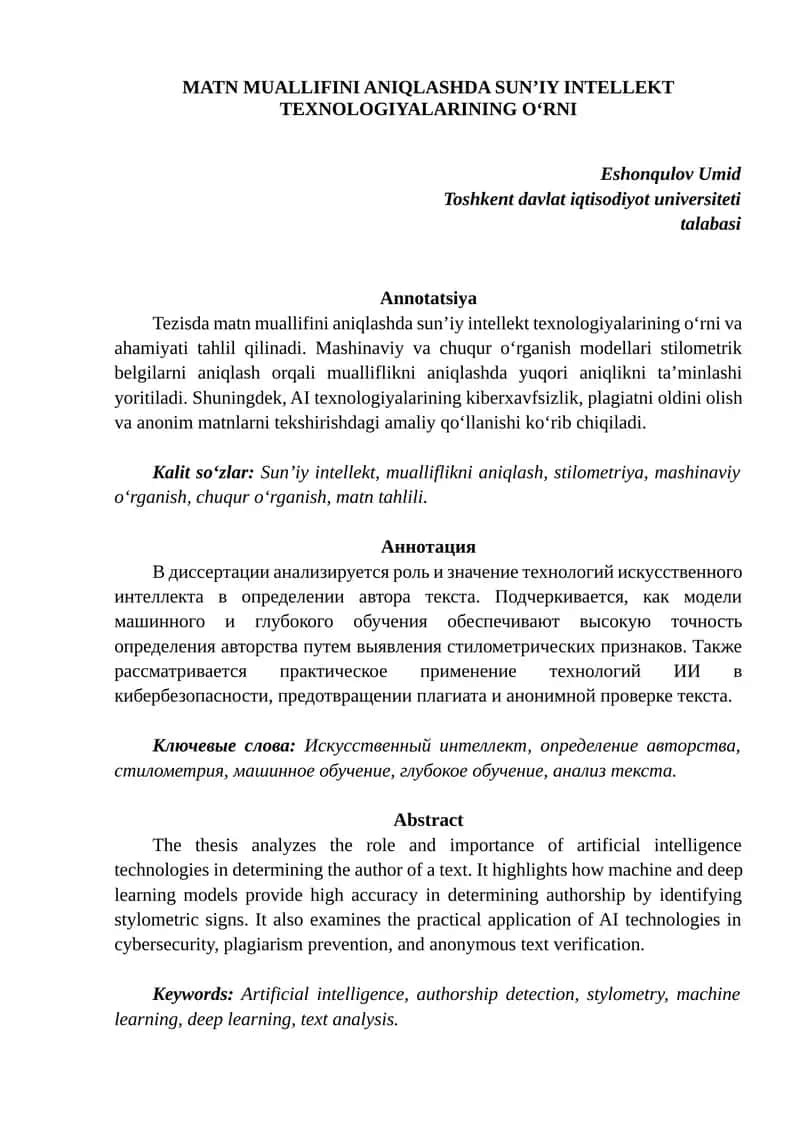 Matn Muallifini Aniqlashda Sun’iy Intellekt Texnologiyalarining O‘rni