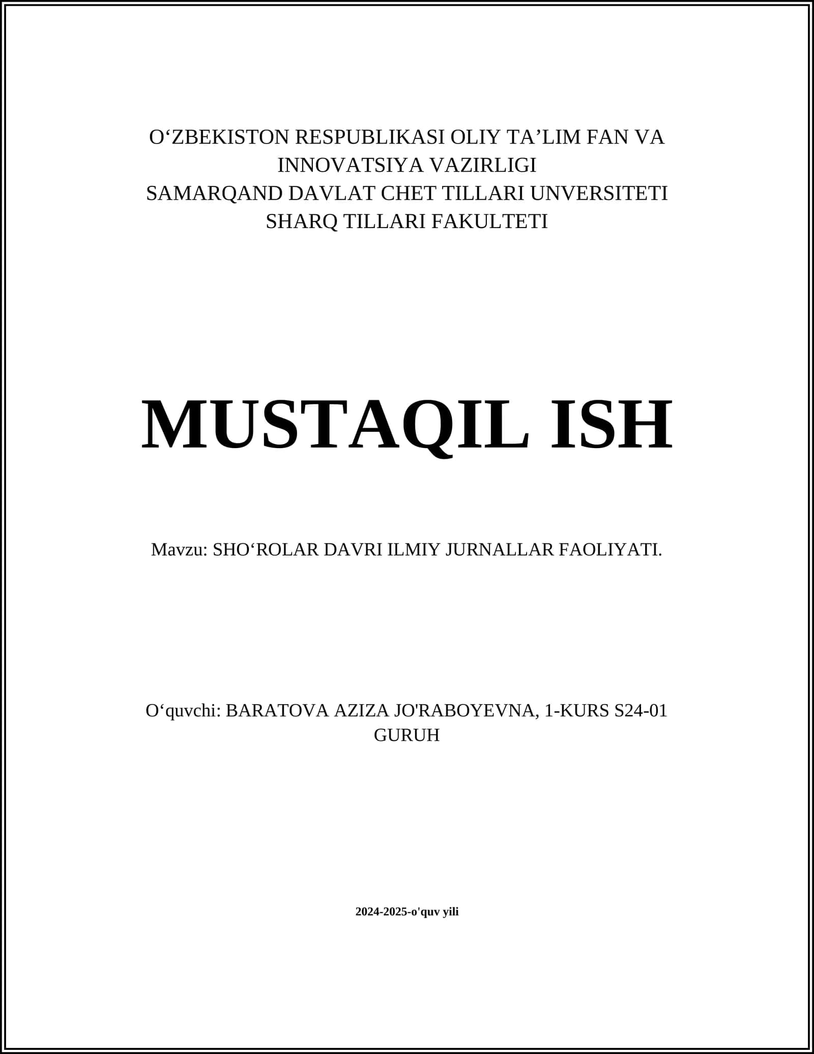 SHO‘ROLAR DAVRI ILMIY JURNALLAR FAOLIYATI
