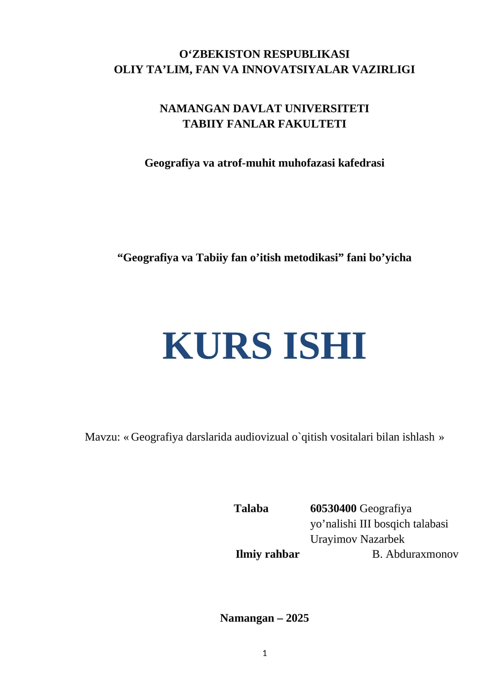 Geografiya va Tabiiy fan o’itish metodikasi